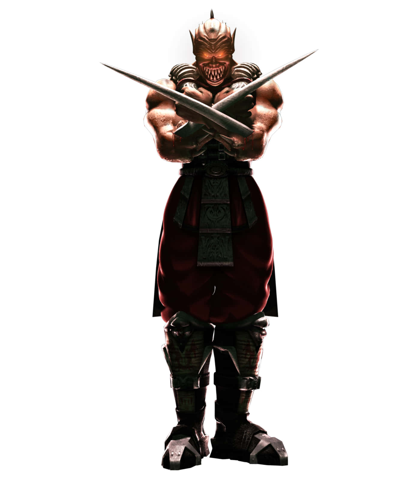 Mortal Kombat Baraka 桌布 壁紙 — 一個帶角的威嚇戰士，雙眼發光，在純白背景下以戰鬥姿態握著兩把交叉的劍。