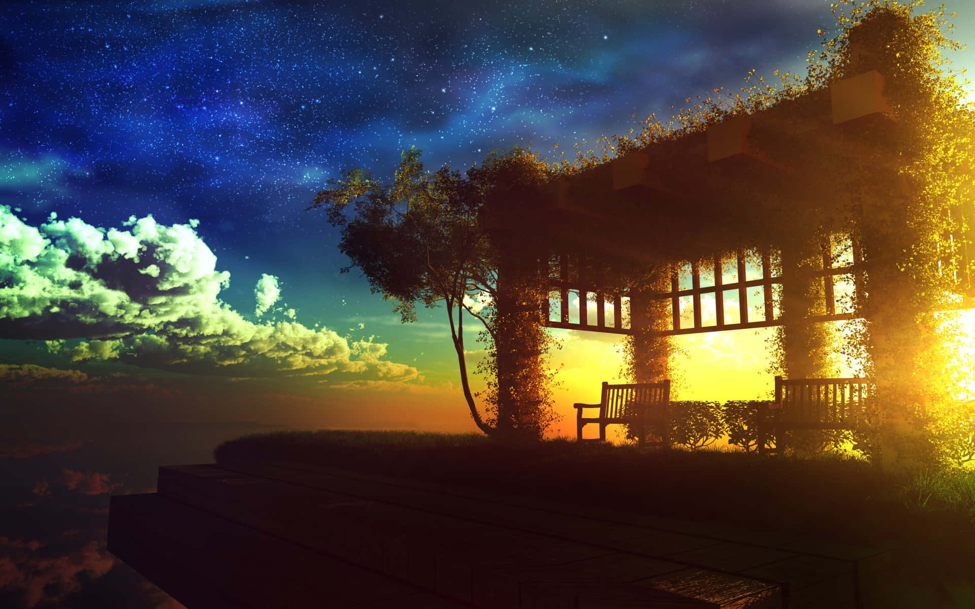 Anime Sunset 桌布 壁紙 — 一個帶長椅的木製涼亭坐落在懸崖頂上，正值日落時分，沐浴在金色光芒中，背景是星光閃爍的暮色天空和發光的雲彩。