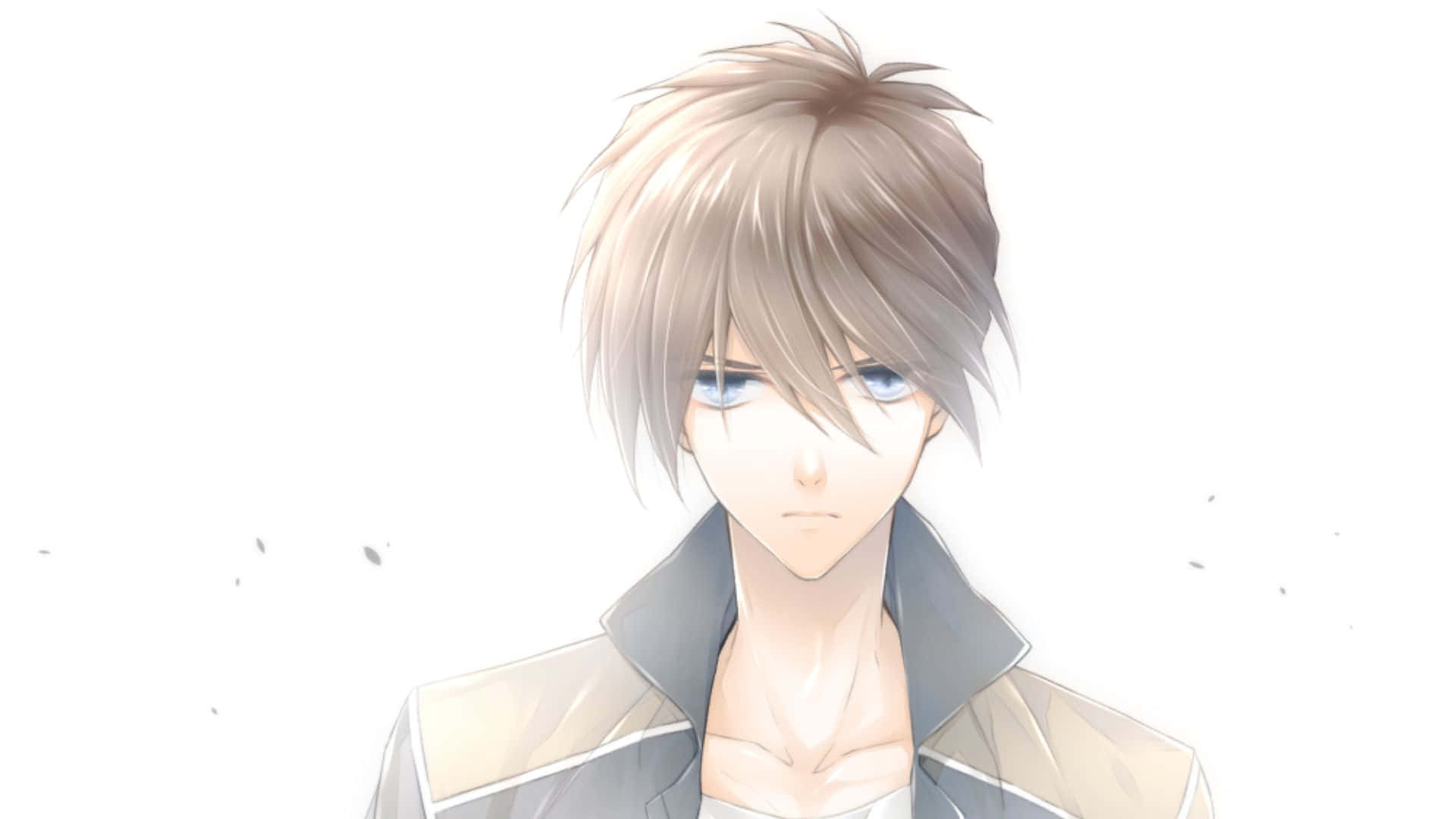 Heero Yuy 桌布 壁紙 — 一個平靜的動漫男孩，有著凌亂的金髮和藍色的眼睛，在極簡的白色背景上向前凝視。
