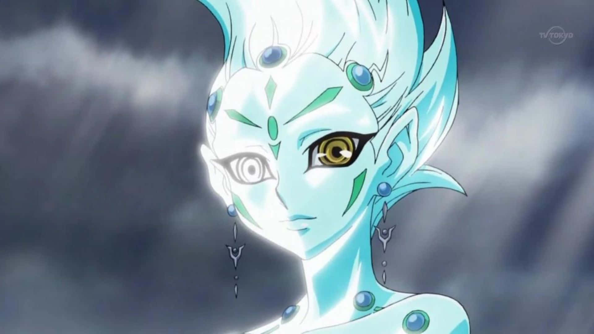 Yu-gi-oh Astral 桌布 壁紙 — 一個平靜的動漫角色，擁有發光的藍色頭髮和金色眼睛，在暴風雨的灰色天空中流下一滴眼淚。