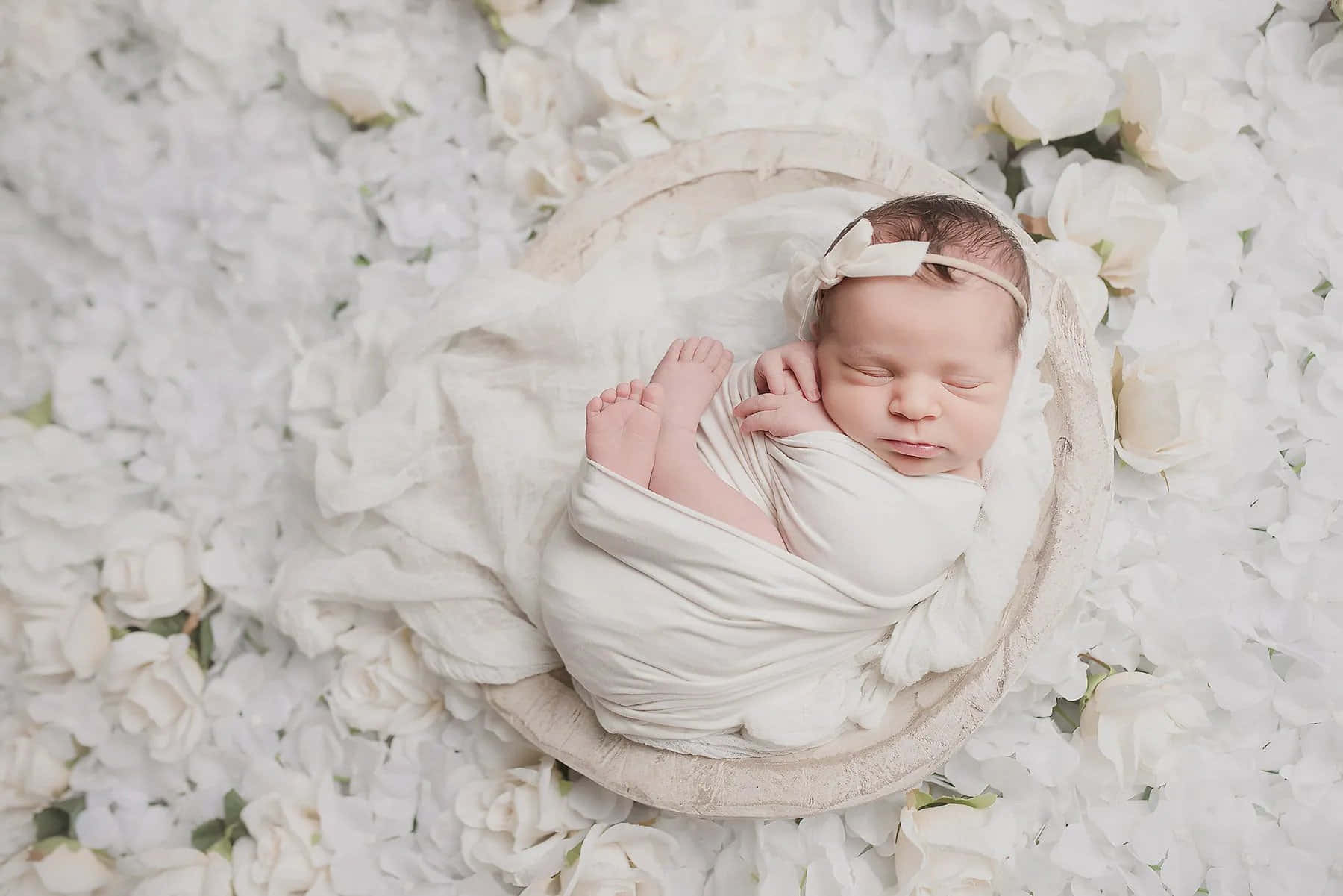 Baby Girl 桌布 壁紙 — 一個平靜的新生嬰兒被白色襁褓包裹著，在編織籃中安睡，周圍環繞著柔軟的白玫瑰。
