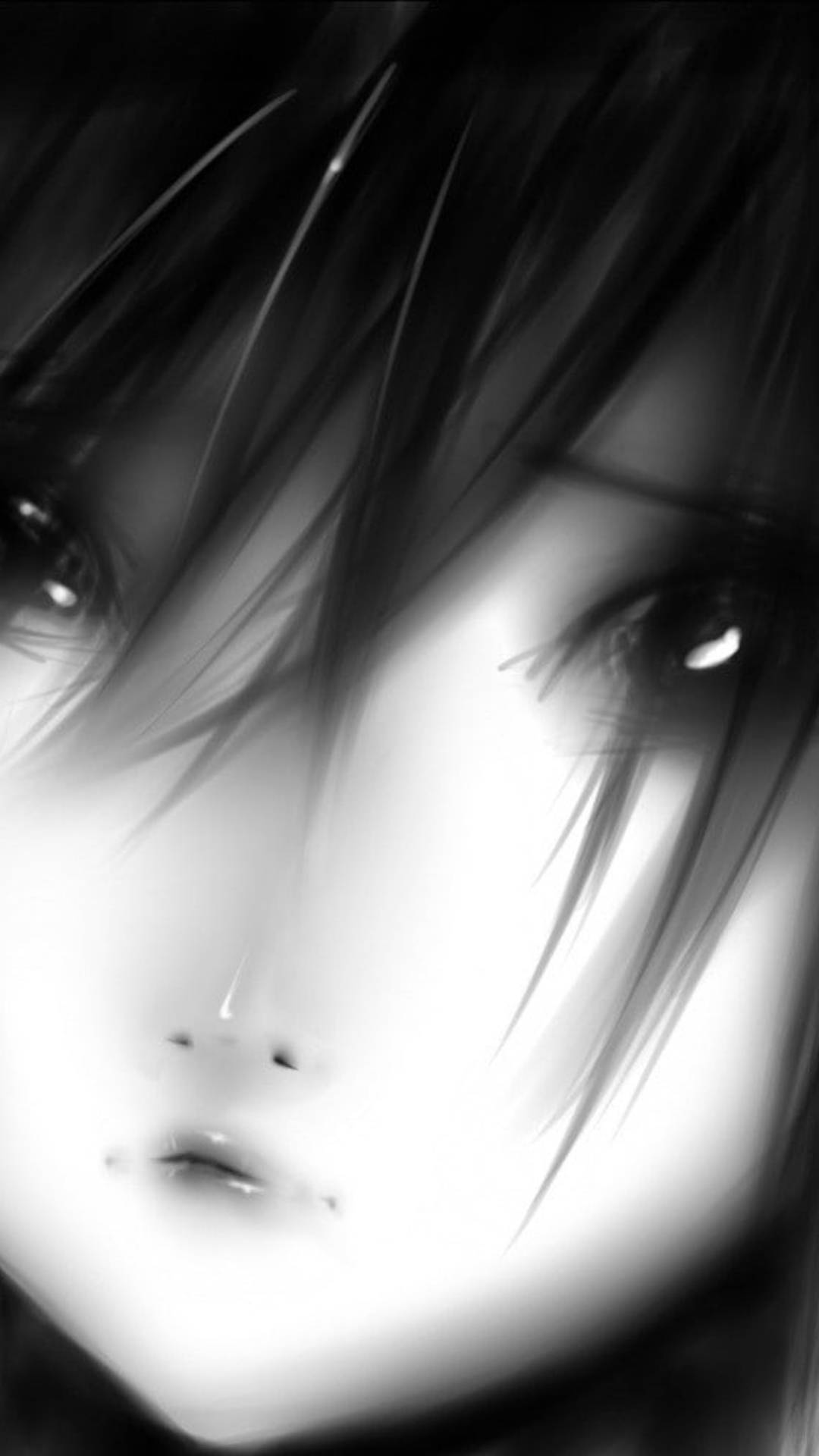 Black And White Anime 桌布 壁紙 — 一個年輕人的臉部黑白動漫特寫，帶有戲劇性的燈光和富有表現力的眼睛。