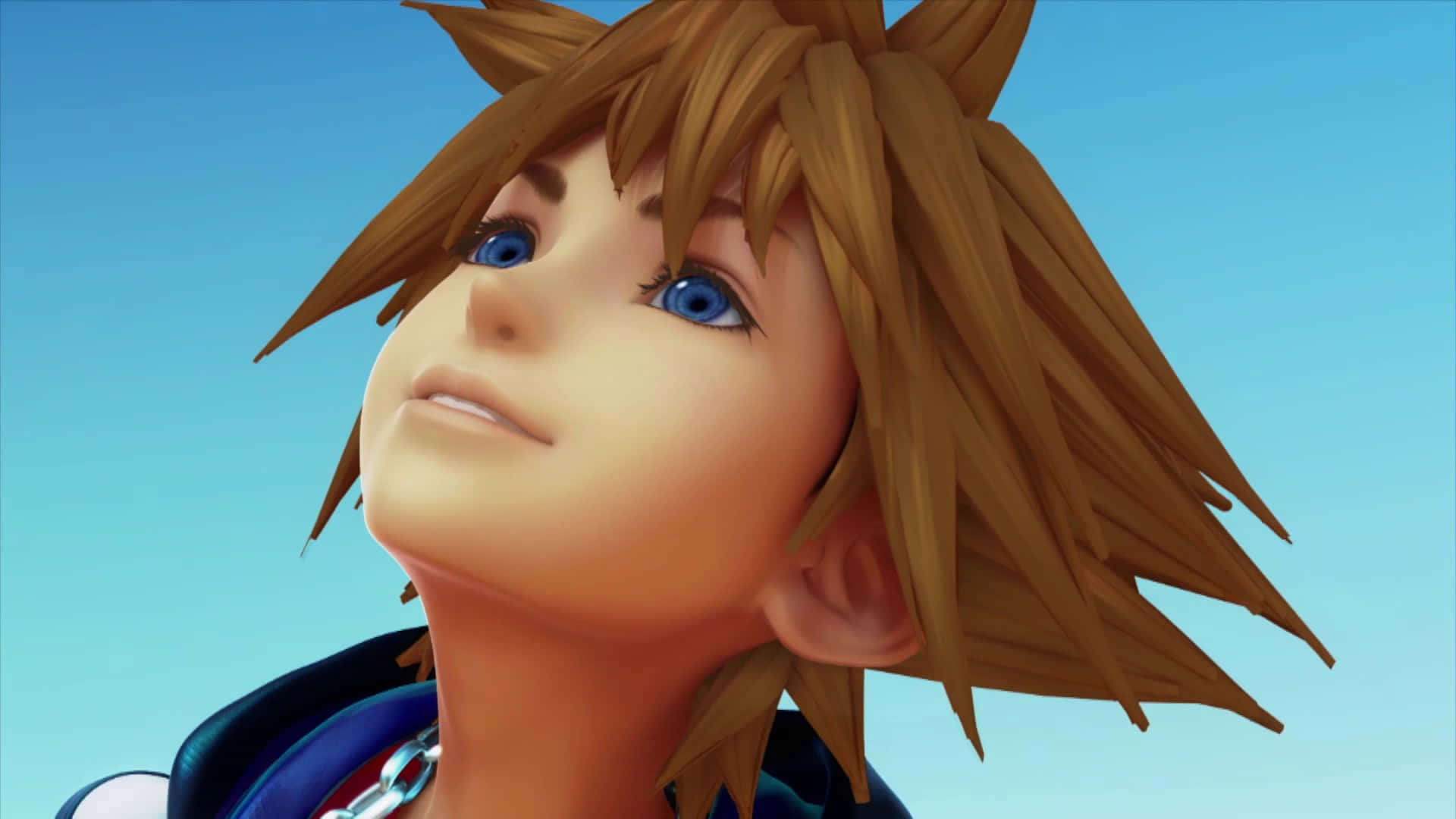 Kingdom Hearts 桌布 壁紙 — 一個年輕動漫英雄的近距離特寫，擁有刺蝟般的棕色頭髮和藍色眼睛，仰望清澈的藍天。