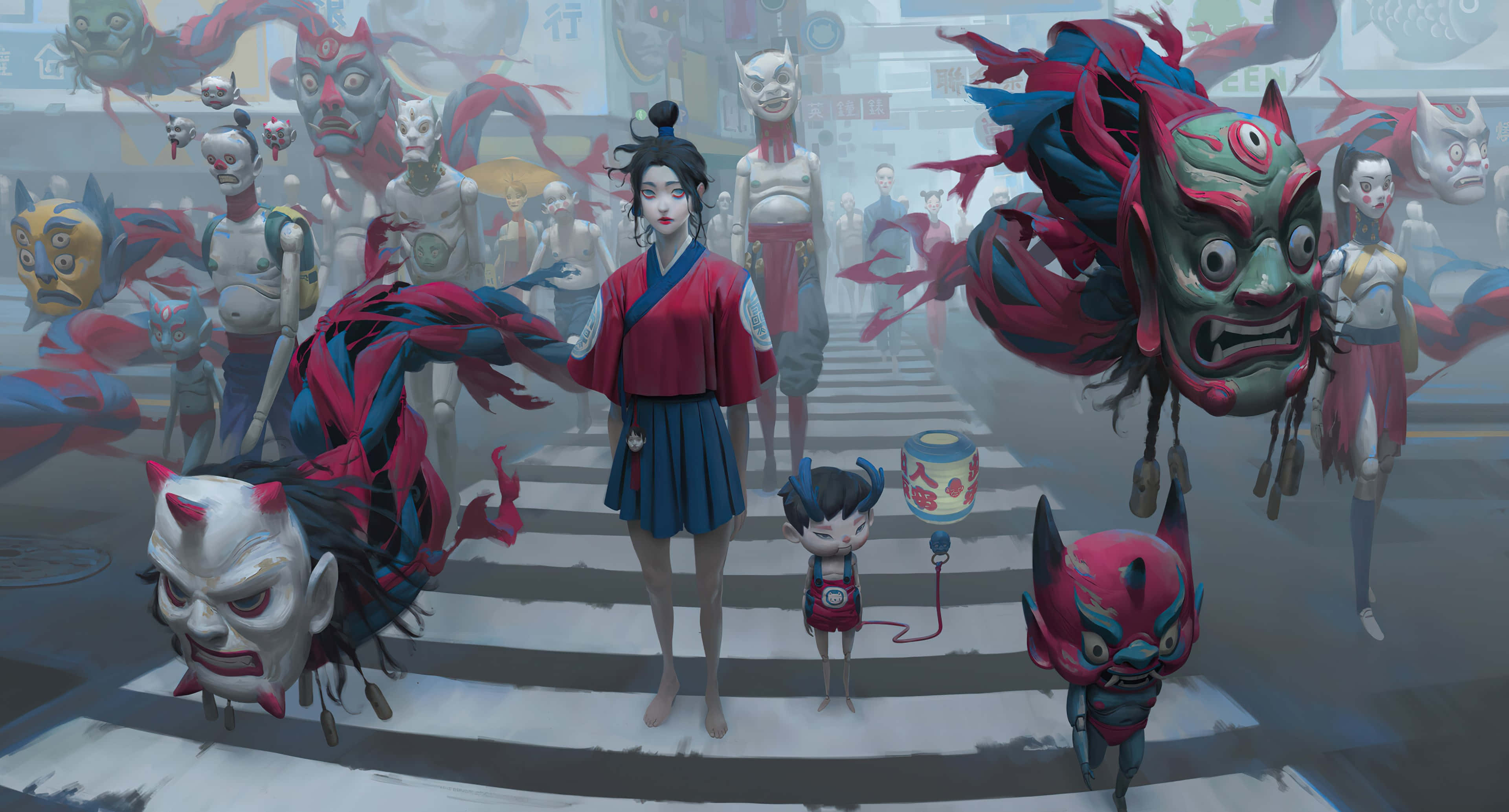 Yokai 桌布 壁紙 — 一個年輕女孩和一個小孩冷靜地站在行人過路處，鬼魅般的日本鬼面具在霧氣瀰漫的城市街道上圍繞他們旋轉。