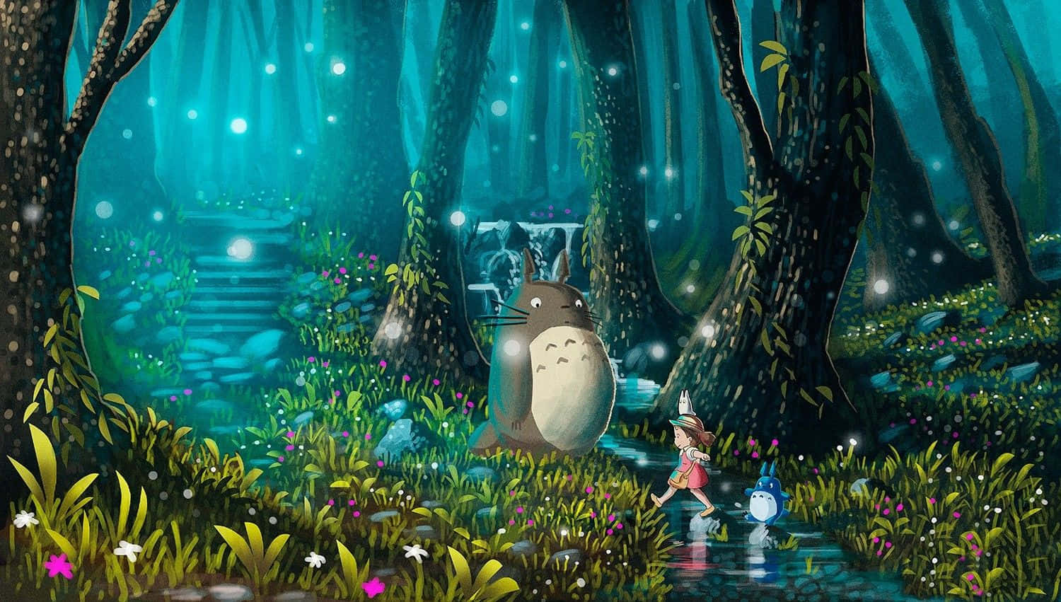 my neighbor totoro 桌布 壁紙 — 一個年輕女孩和她的小藍夥伴走過發光的魔法森林，一隻巨大的龍貓在長滿青苔的小溪旁慈祥地看著。