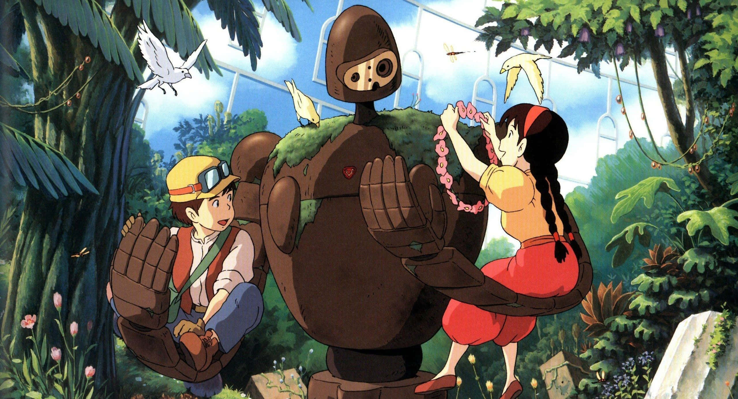 Hayao Miyazaki Movies 桌布 壁紙 — 一個年輕女孩和男孩在茂密的綠色森林中，在明亮的藍天下，與一個長滿苔蘚的機械人溫柔互動。