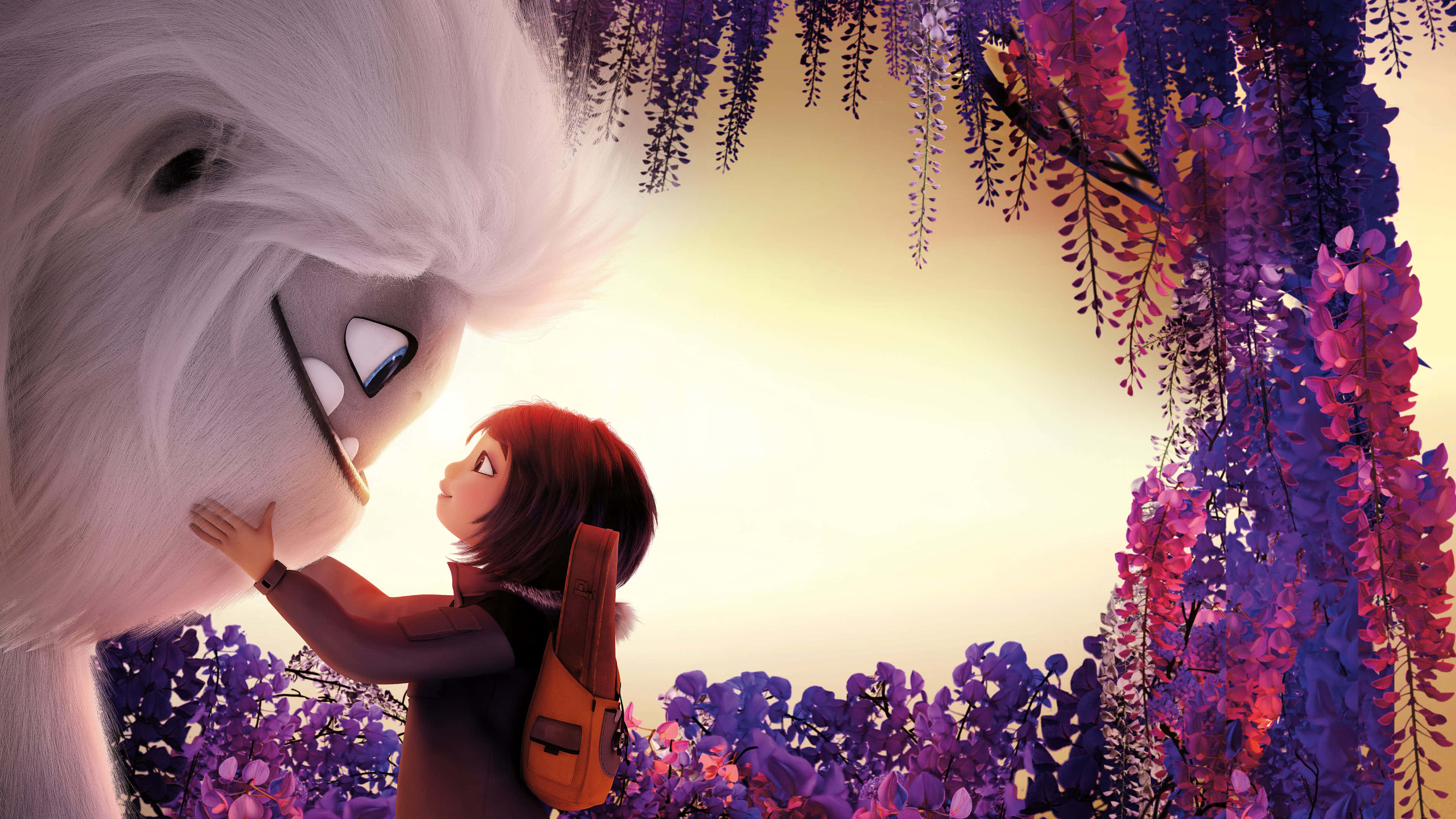 Animation Movies 桌布 壁紙 — 一個年輕女孩在充滿活力的紫色紫藤花冠下，輕輕觸摸一隻大型友善白色生物的臉。