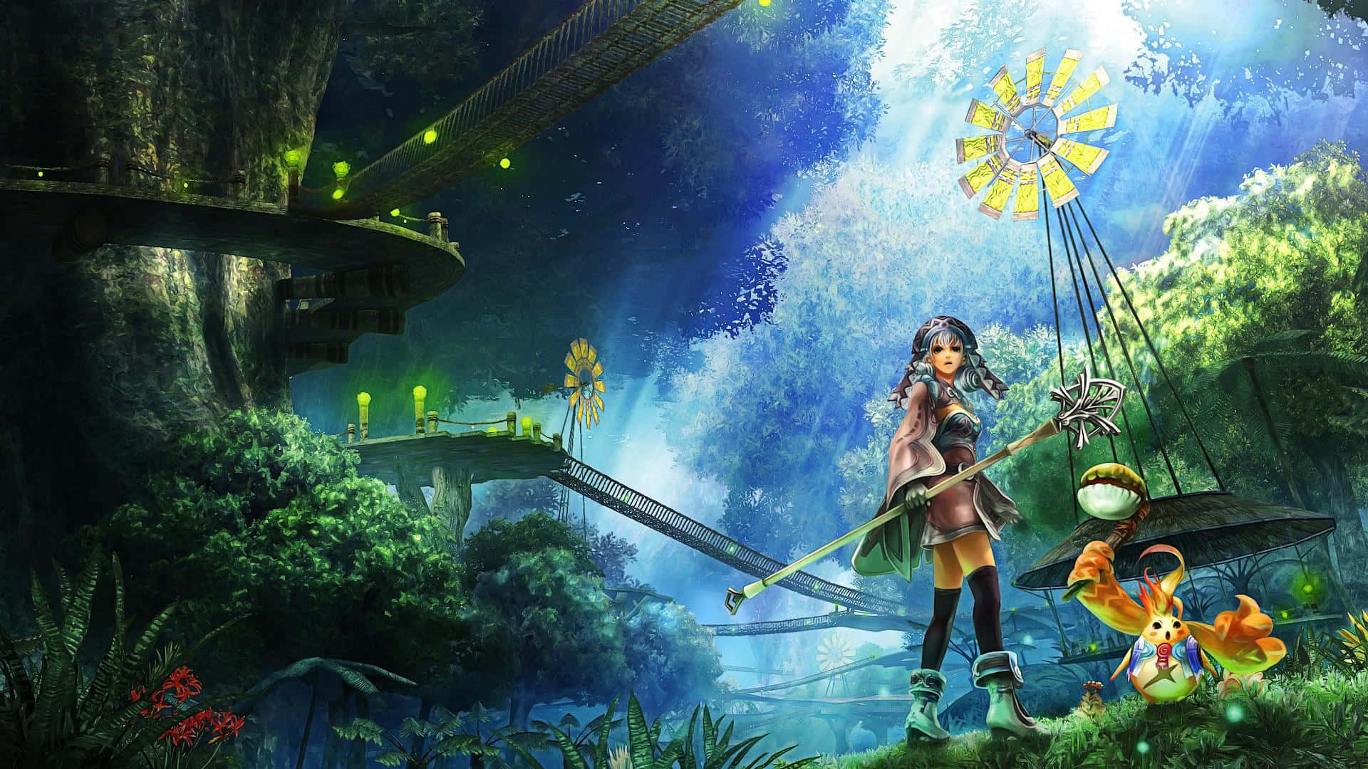 Anime Forest 桌布 壁紙 — 一個年輕女孩拿著法杖，站在一個發光生物旁邊，身處茂密的叢林中，有浮動平台和風車，天空明亮。