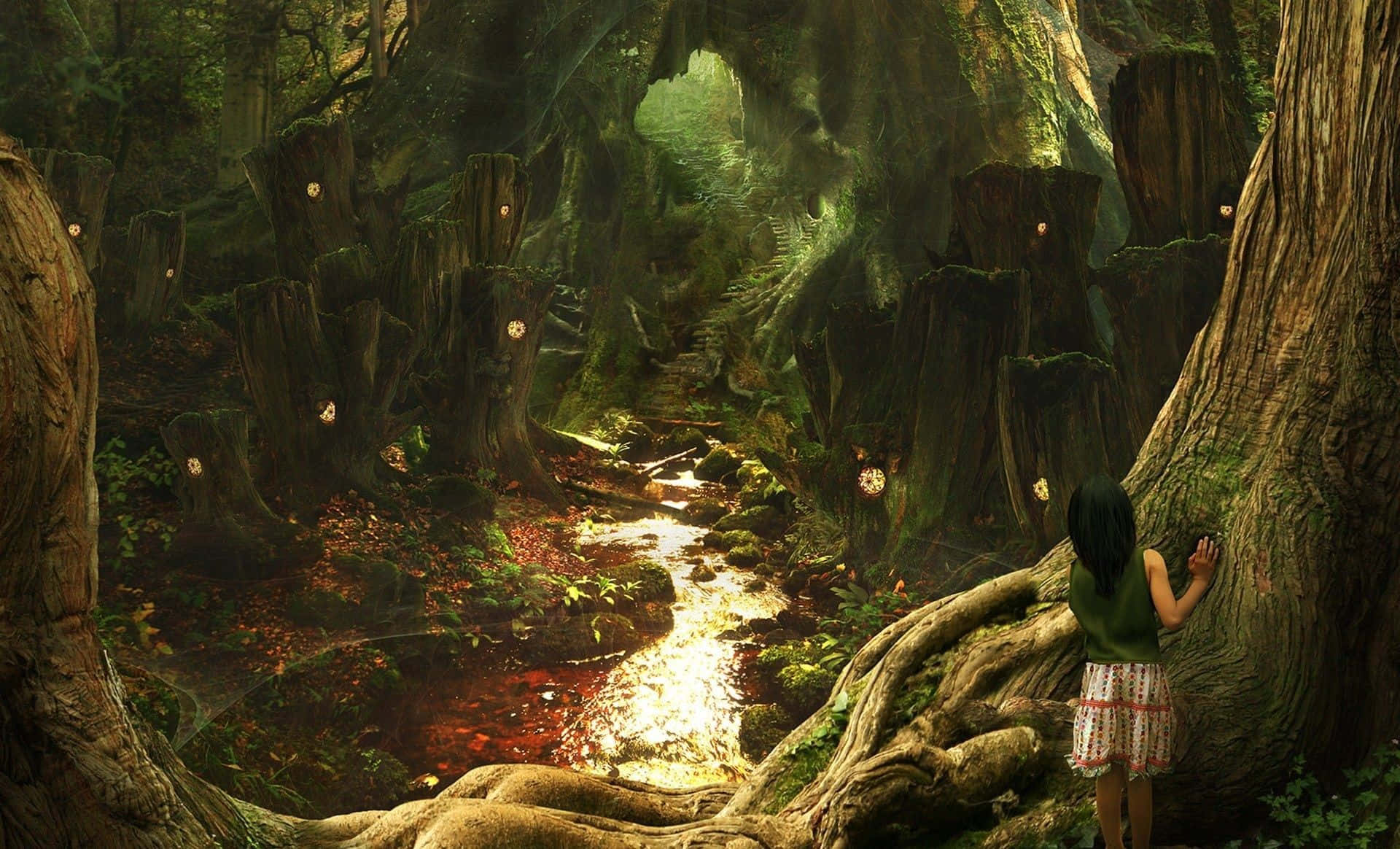 Enchantment 桌布 壁紙 — 一個年輕女孩敬畏地站在一片神秘的森林空地前，發光的蘑菇照亮了古樹下長滿苔蘚的小路。