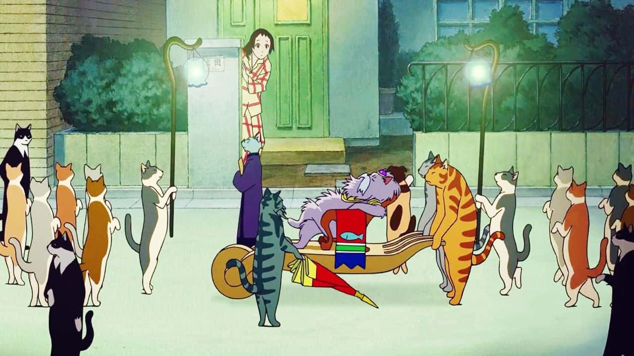 the cat returns 桌布 壁紙 — 一個年輕女孩站在門廊上，看著一隊穿著服裝的擬人化貓咪遊行隊伍在夜間的街道上經過她。