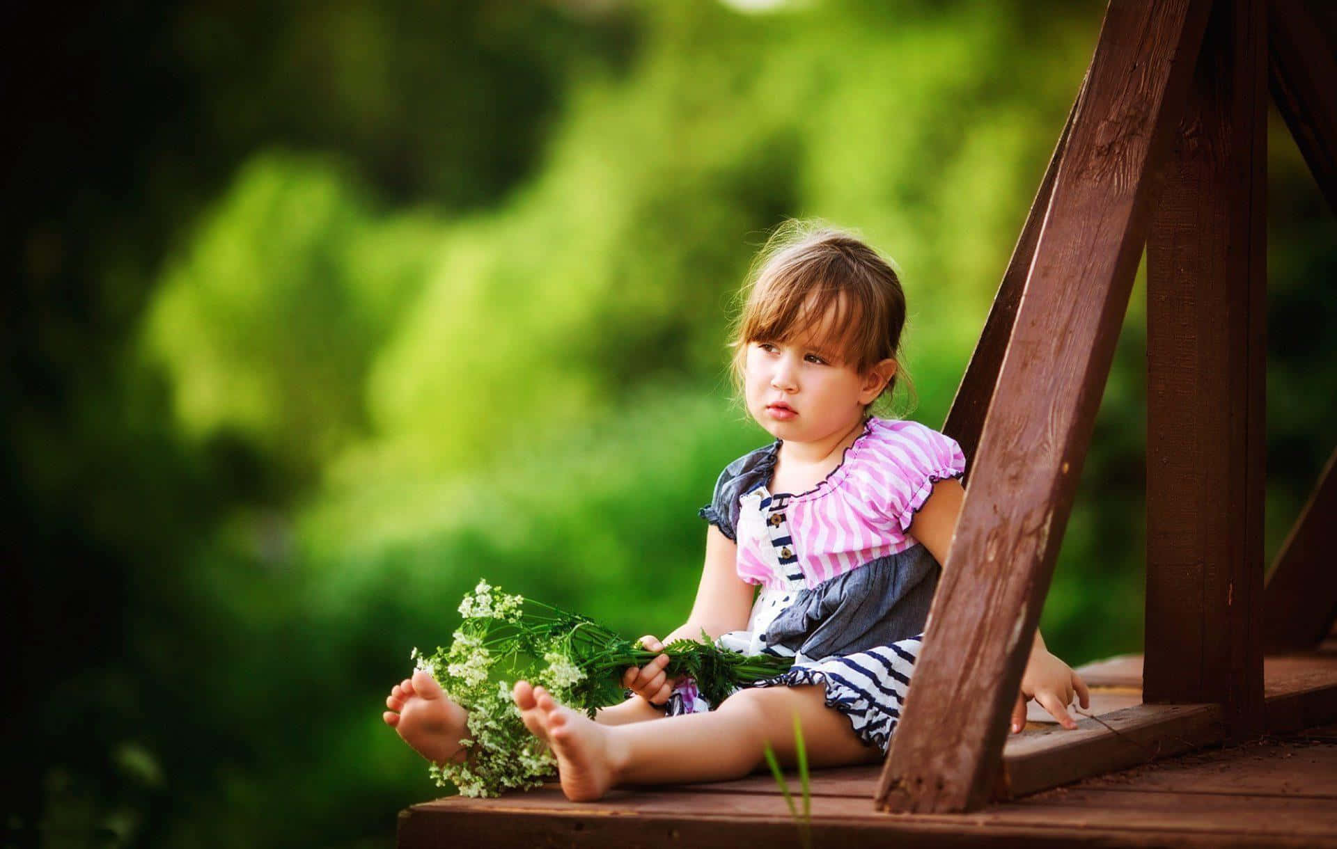 children 桌布 壁紙 — 一個年輕女孩赤腳坐在木甲板上，手持一束野花，背景是茂密的綠色模糊背景。