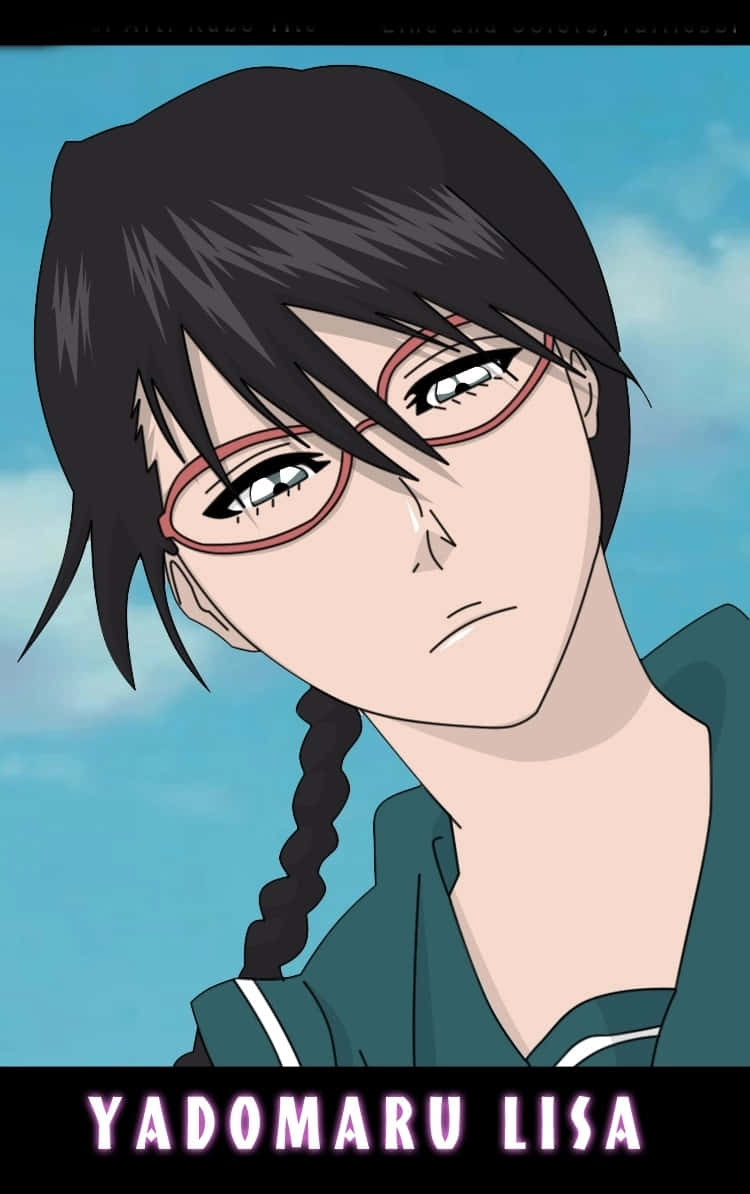 Lisa Yadomaru 桌布 壁紙 — 一個年輕女性嘅近距離動畫肖像，佢有深色頭髮紮成辮子，戴住紅色框眼鏡，背景係藍天。