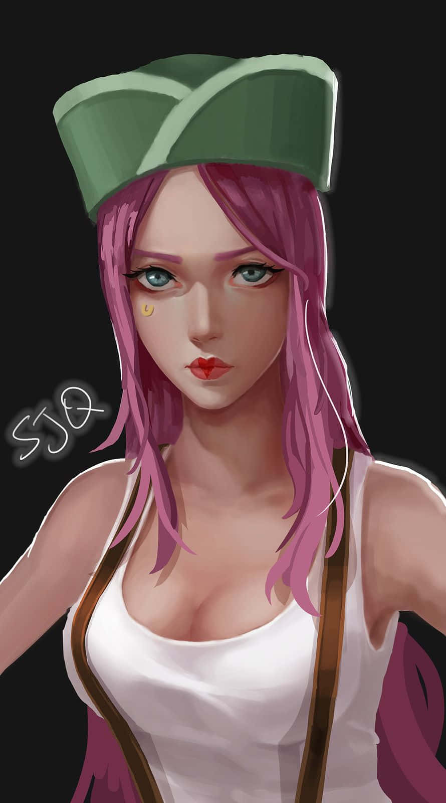 Jewelry Bonney 桌布 壁紙 — 一個年輕女性的數碼肖像，粉紅色頭髮，戴著綠色帽子，背景為深色。