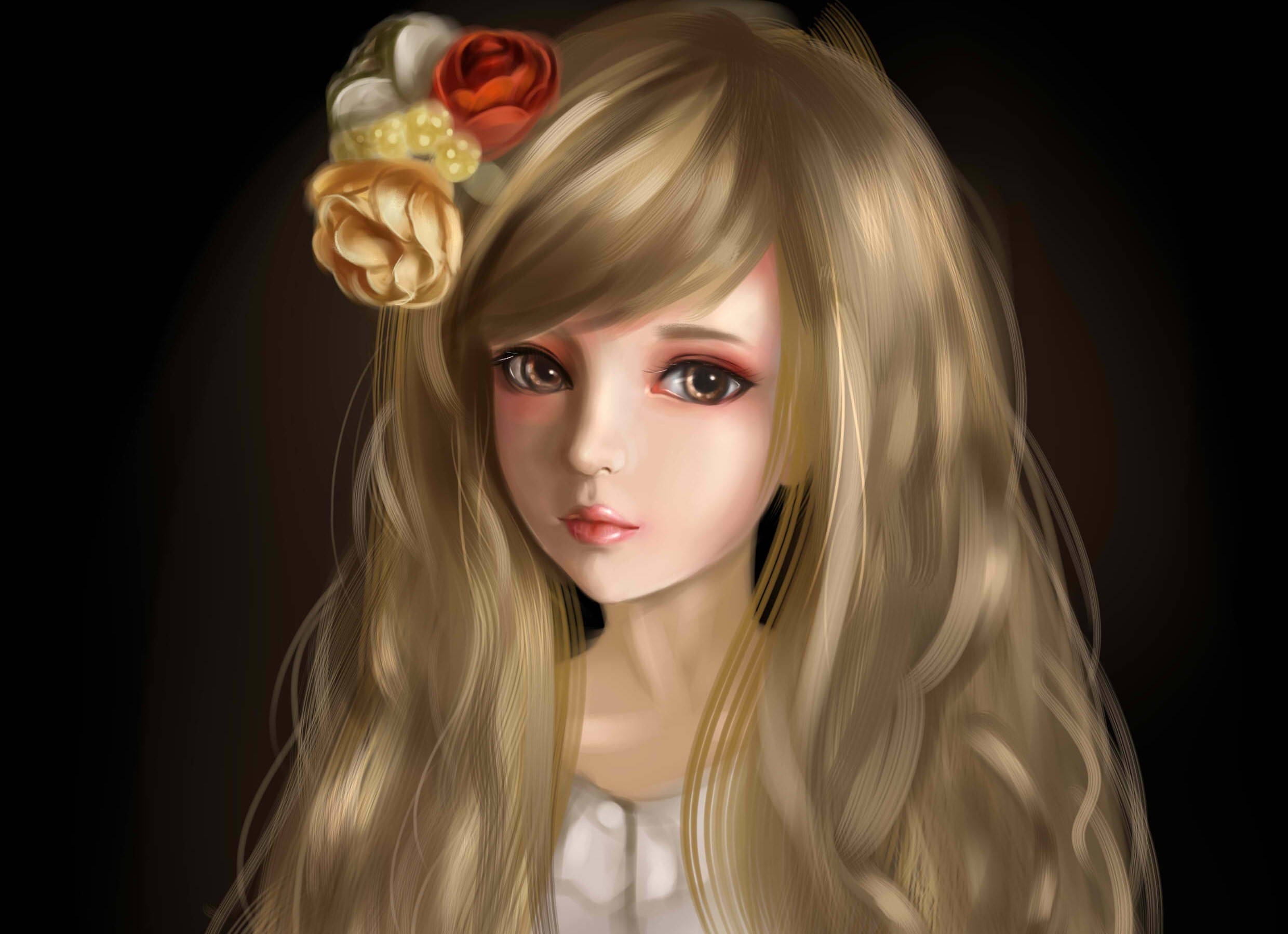Doll 桌布 壁紙 — 一個年輕女性的數碼肖像，長長的金髮上點綴著色彩繽紛的花朵，背景為深色。