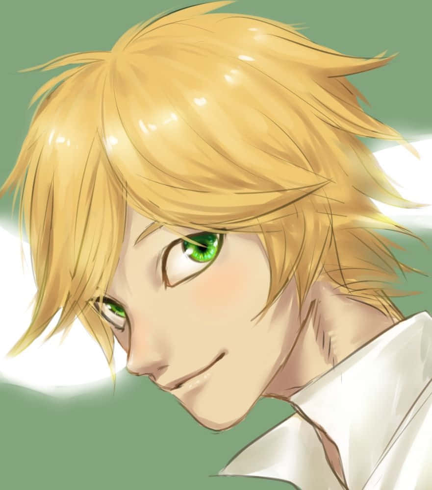 Adrien Agreste 桌布 壁紙 — 一個年輕男子嘅特寫動畫肖像，佢有亂糟糟嘅金髮同引人注目嘅綠色眼睛，喺柔和綠色背景前輕輕微笑。