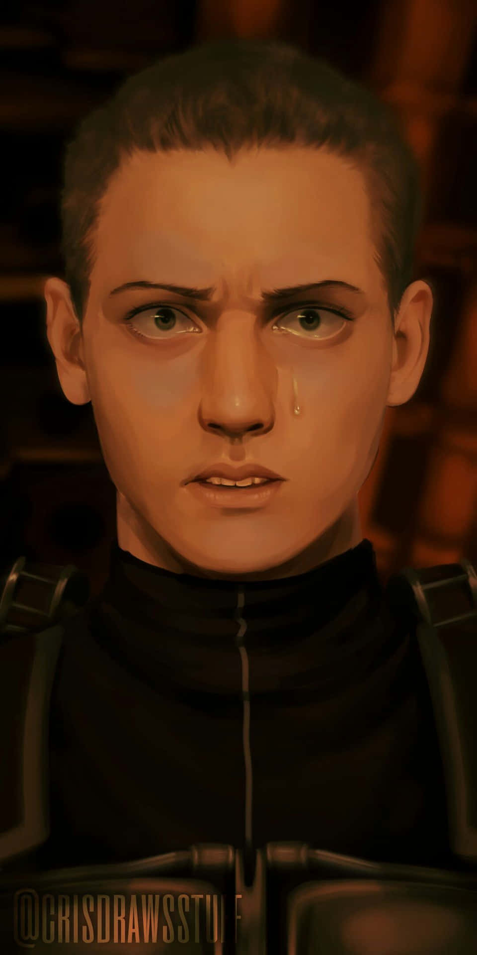 Connie Springer 桌布 壁紙 — 一個年輕男子在溫暖昏暗燈光下，淚水沿臉頰滑落的近距離數碼肖像。