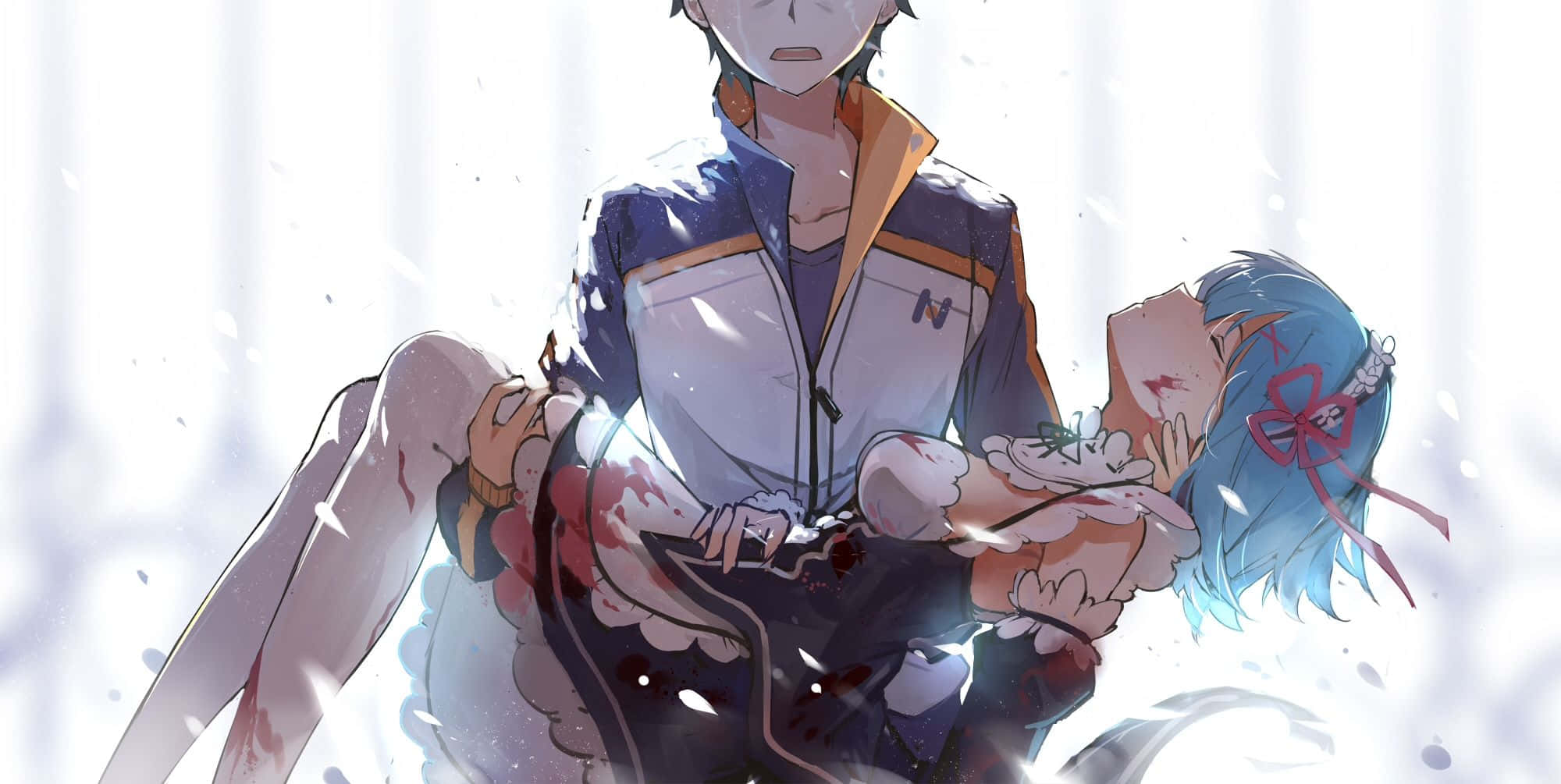Subaru Natsuki 桌布 壁紙 — 一個年輕男子在雪景中抱著一個受傷的藍髮女孩，她的衣服上有血跡。