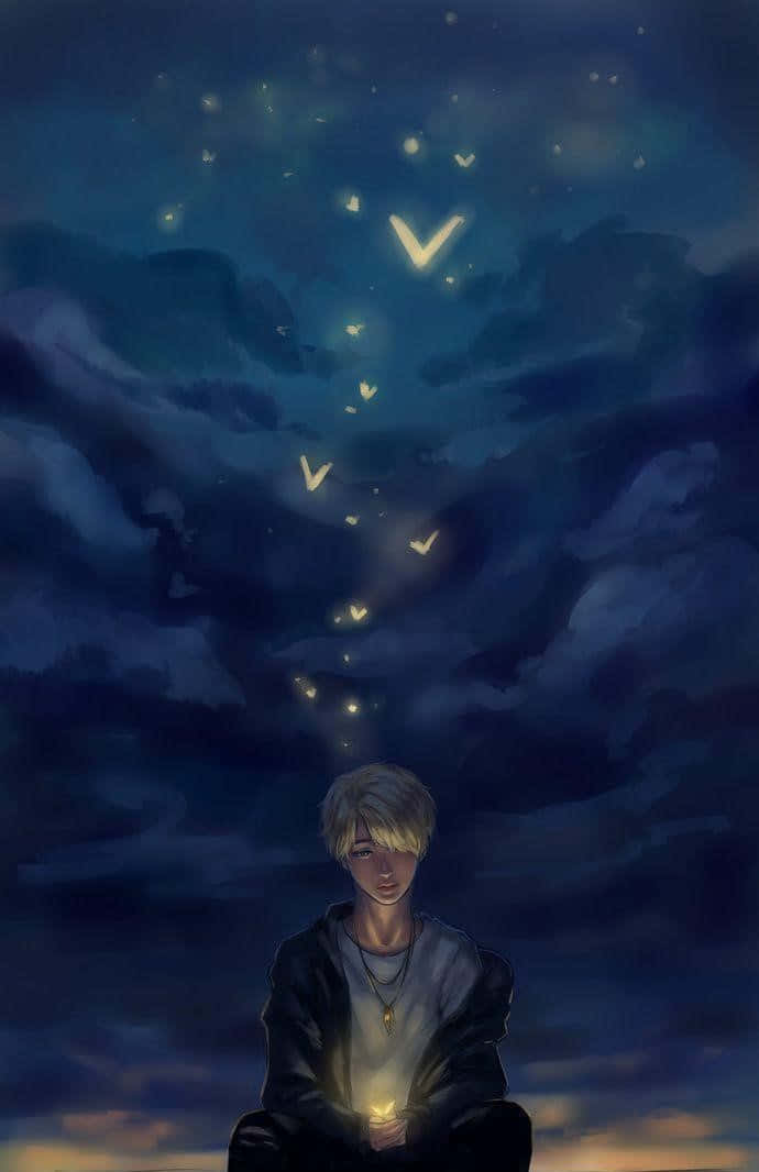 Bts Fanart 桌布 壁紙 — 一個年輕男子坐在繁星點點的夜空下，發光的愛心形狀光芒從他的手中升起，飄向雲層。
