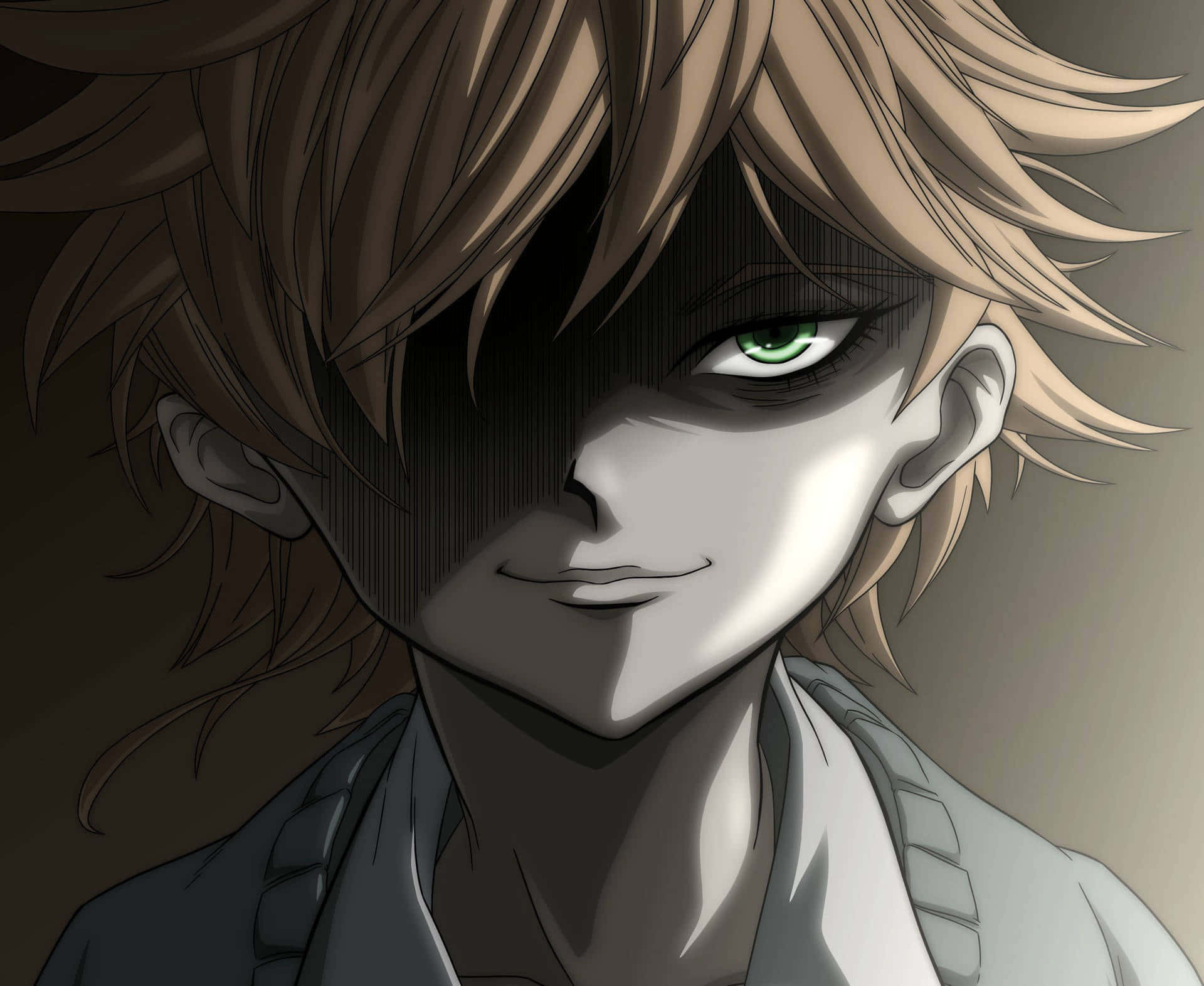 Promised Neverland 桌布 壁紙 — 一個年輕男子的近距離動畫肖像，頭髮棕色凌亂，一隻眼睛發出綠色光芒，半張臉處於陰影中，穿著有領襯衫。