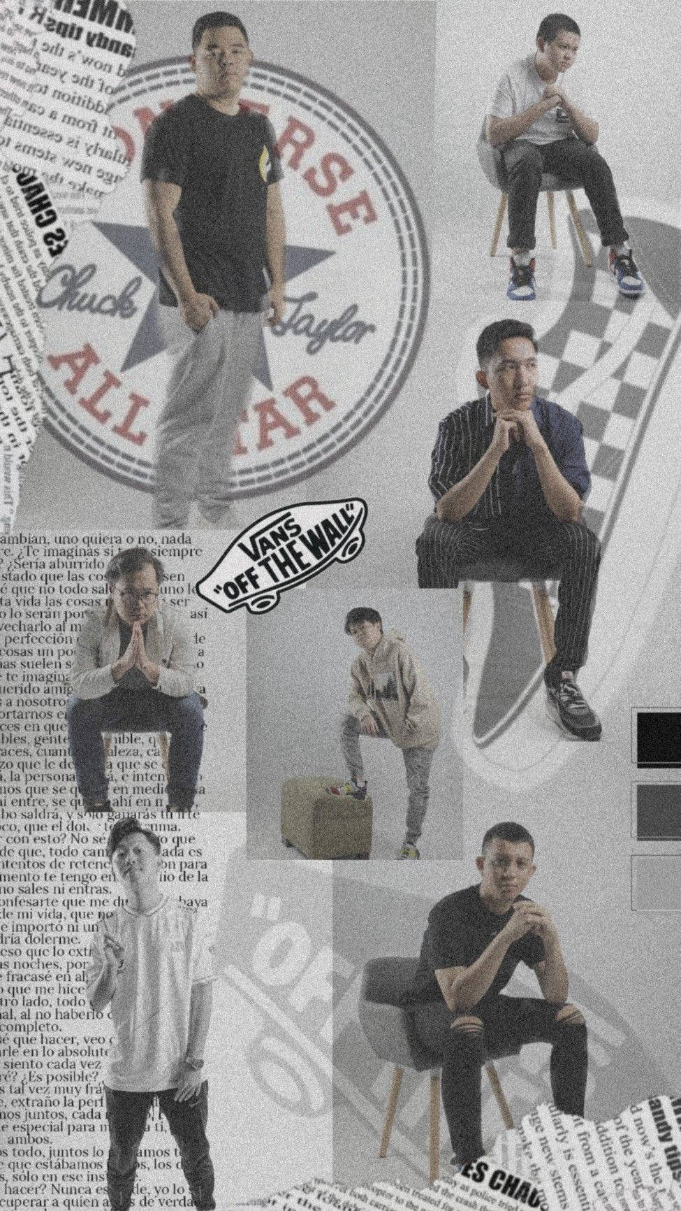 Team 桌布 壁紙 — 一個年輕男子穿著Vans服裝，以報紙文字和標誌性品牌標誌為背景，擺出各種姿勢的拼貼畫。