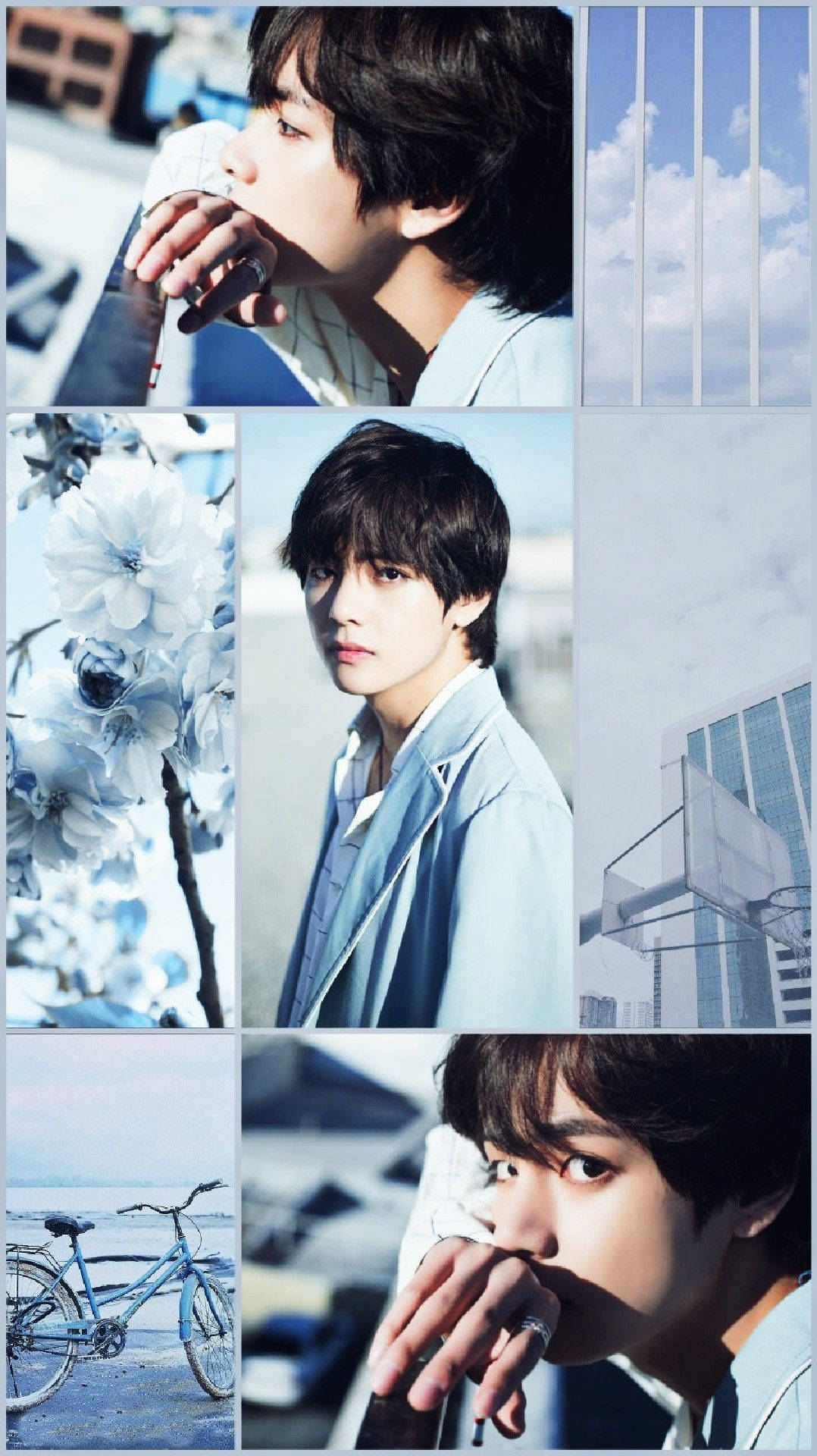 kim taehyung 桌布 壁紙 — 一個年輕男子穿著淺藍色服裝，在明亮的日光下，以城市和花卉為背景的拼貼畫。