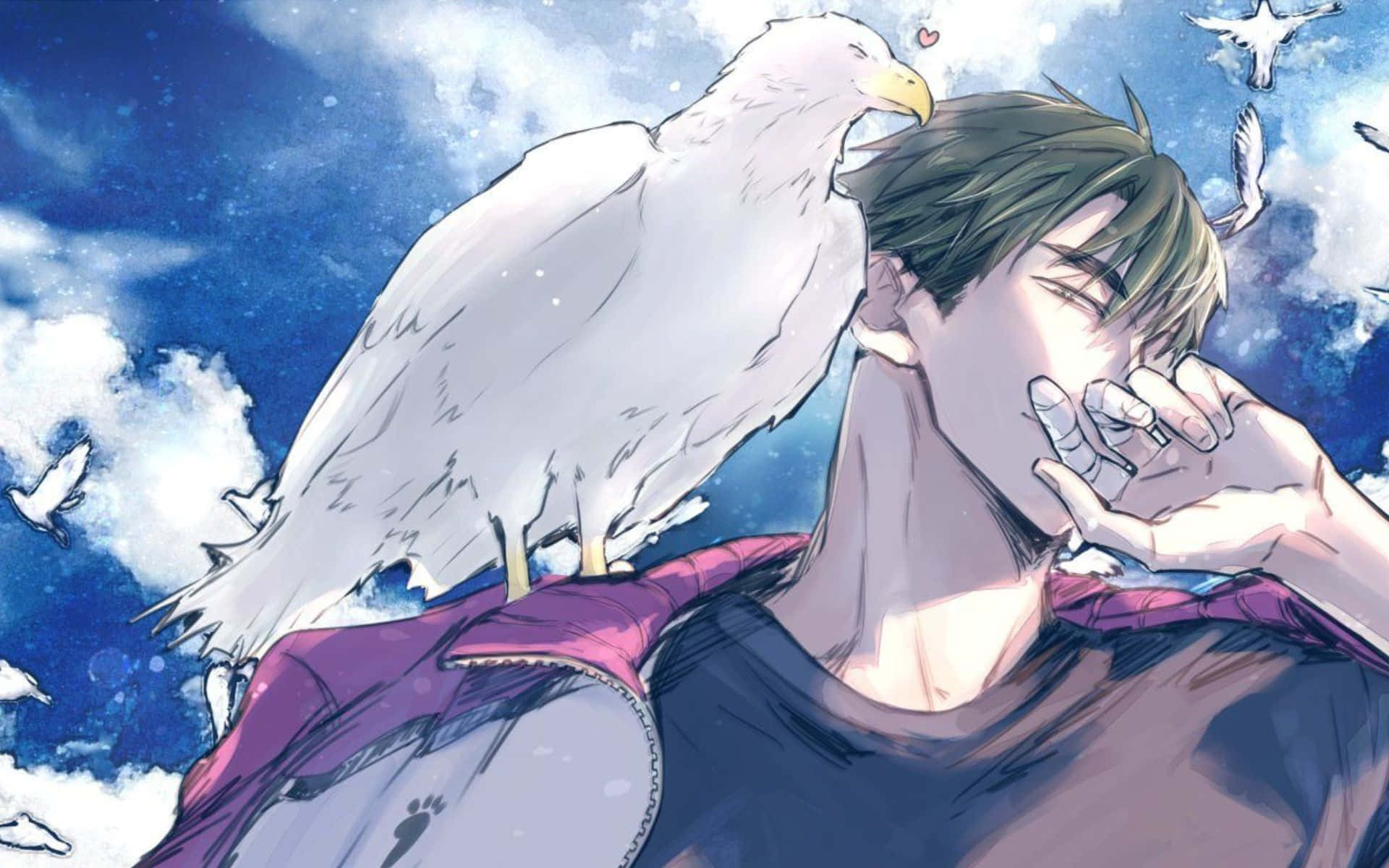 Ushijima Wakatoshi 桌布 壁紙 — 一個年輕男子肩上棲著一隻白鷹，仰望充滿雲朵和飛鳥的鮮豔藍天。