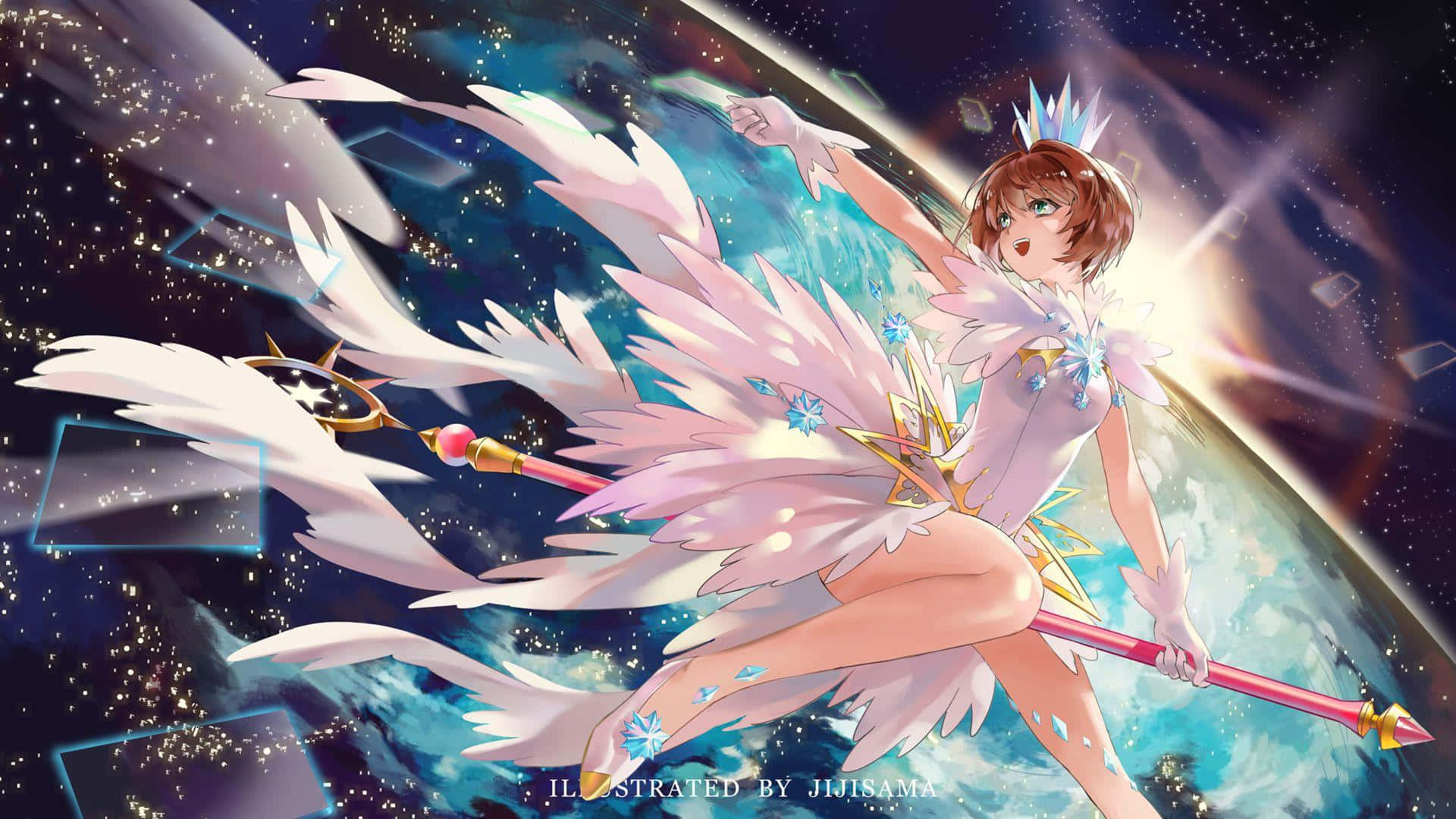 Cassie and Meilin - BFFs from Cardcaptor Sakura 壁紙 — 一個年輕的動漫女孩，擁有白色羽毛翅膀和皇冠，漂浮在太空中，手持發光法杖，背景是星光燦爛的宇宙。