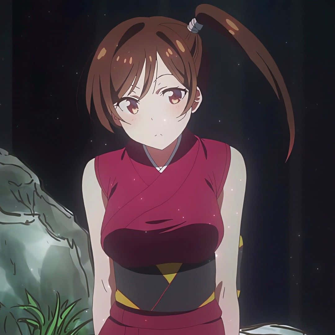 Chizuru Maihara 桌布 壁紙 — 一個年輕的動漫女孩，棕色雙馬尾，穿著紅色服裝，站在星空下，旁邊有一塊發光的岩石。