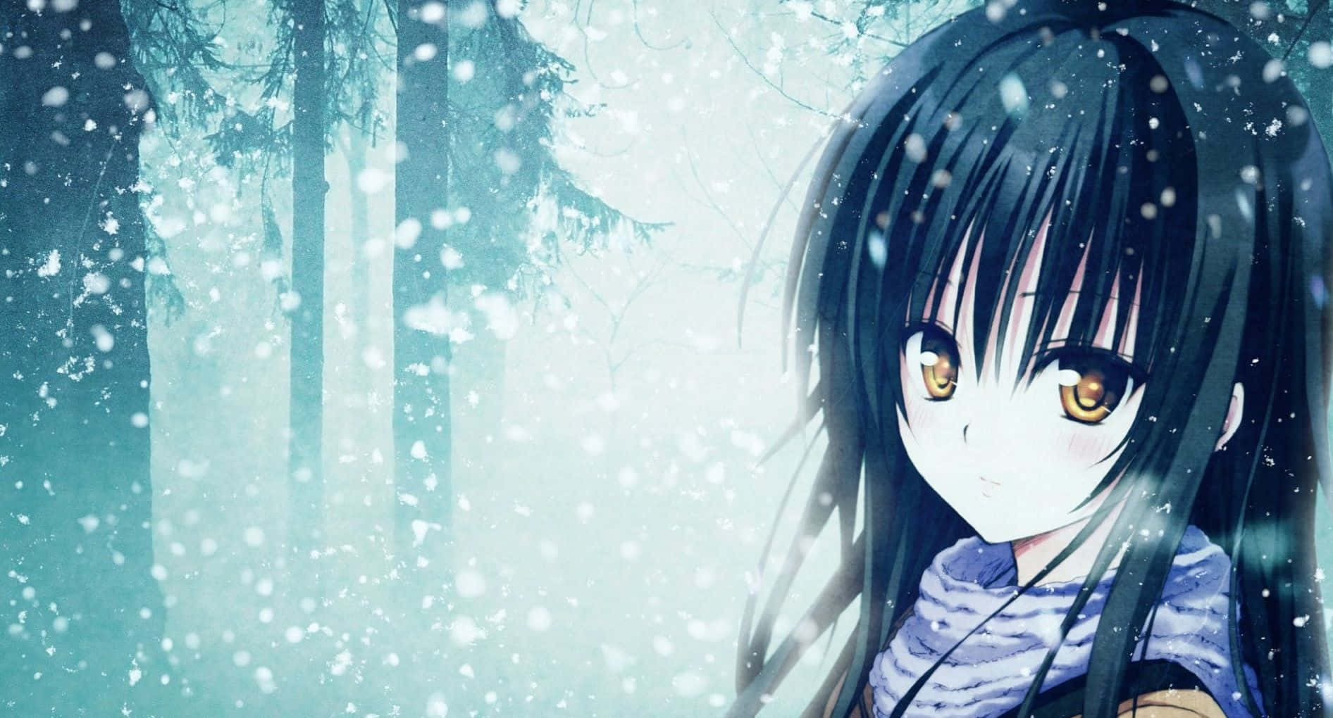 Sad Dark Anime 桌布 壁紙 — 一個年輕的動漫女孩，深色頭髮和金色眼睛，站在雪森林中，雪花在她周圍飄落。