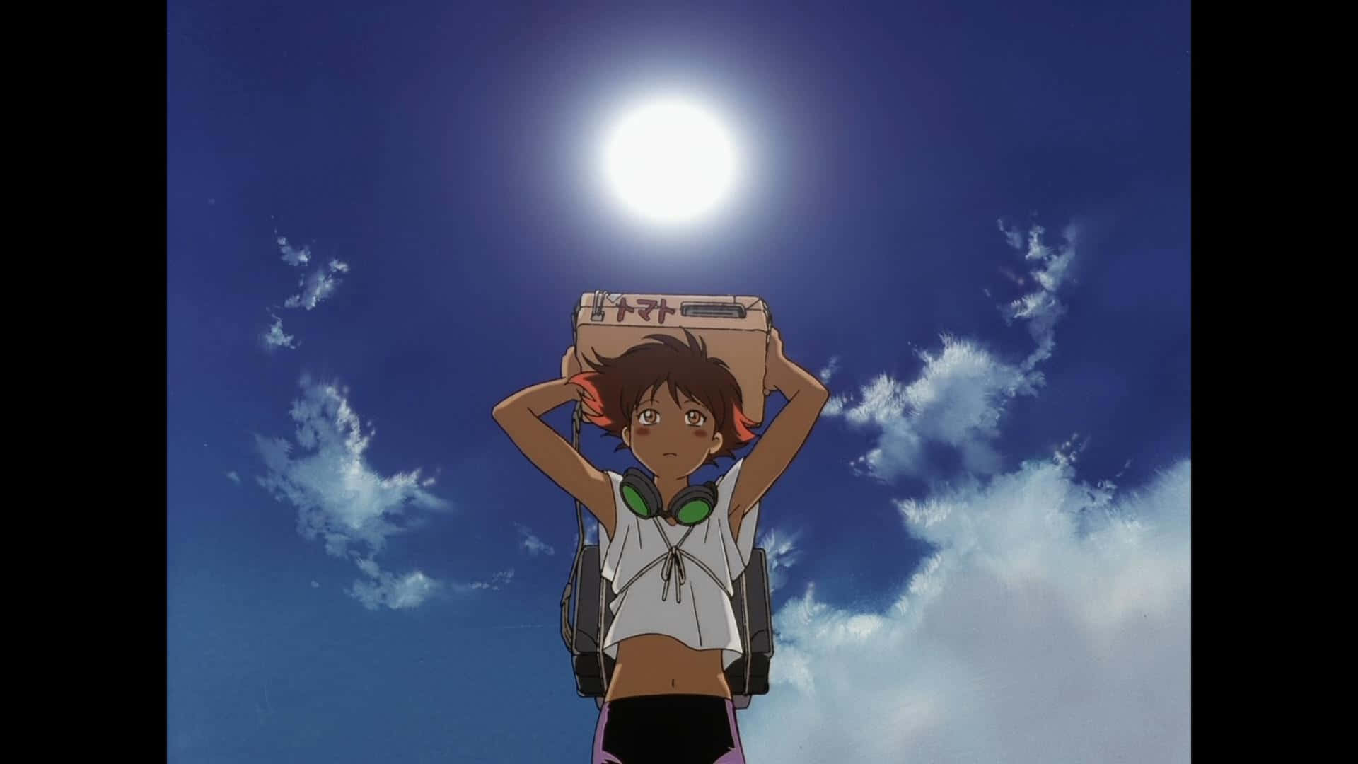 Cowboy Bebop Edward 桌布 壁紙 — 一個年輕的動漫女孩在明亮的月亮下，對著深藍色天空和散落的雲朵高舉著一個音箱。