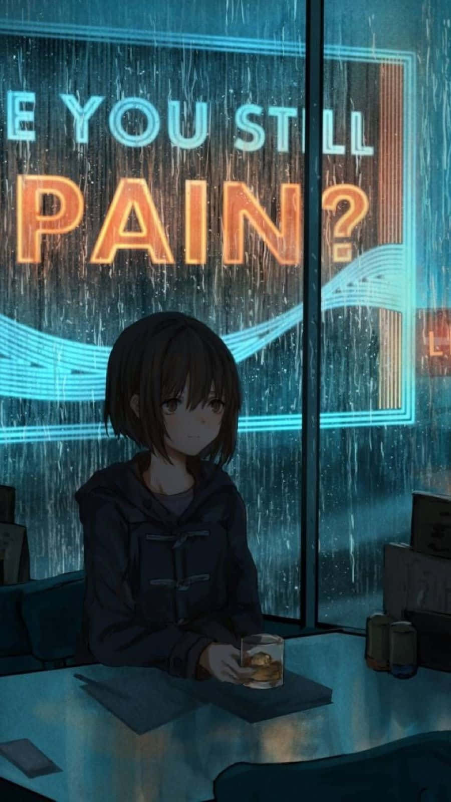 Sad Dark Anime 桌布 壁紙 — 一個年輕的動漫女孩獨自坐在下雨的咖啡館裡，拿著飲料，窗外霓虹燈閃爍。