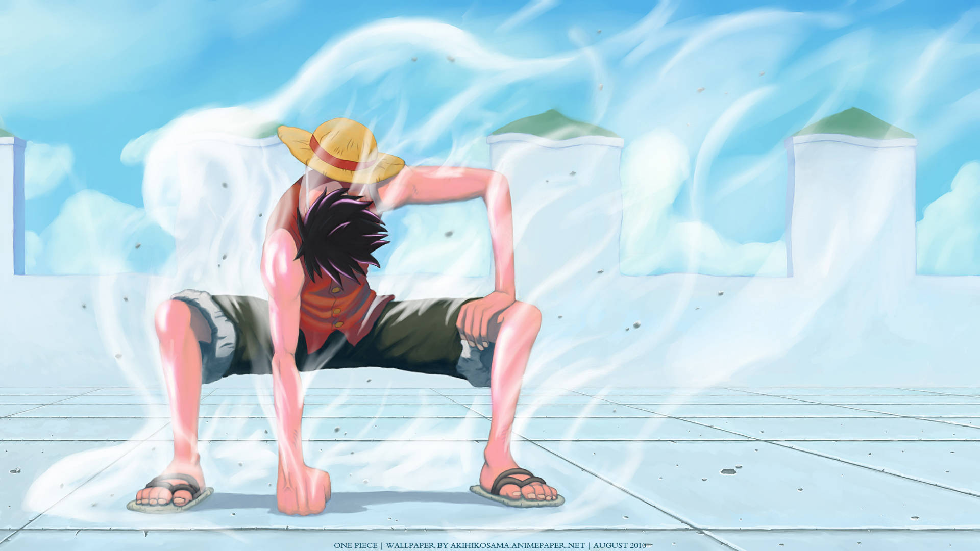 Luffy Aesthetic 桌布 壁紙 — 一個年輕的動漫海盜，有著刺蝟般的黑髮和草帽，坐在瓷磚屋頂上，周圍環繞著旋轉的白煙，背景是明亮的藍天。