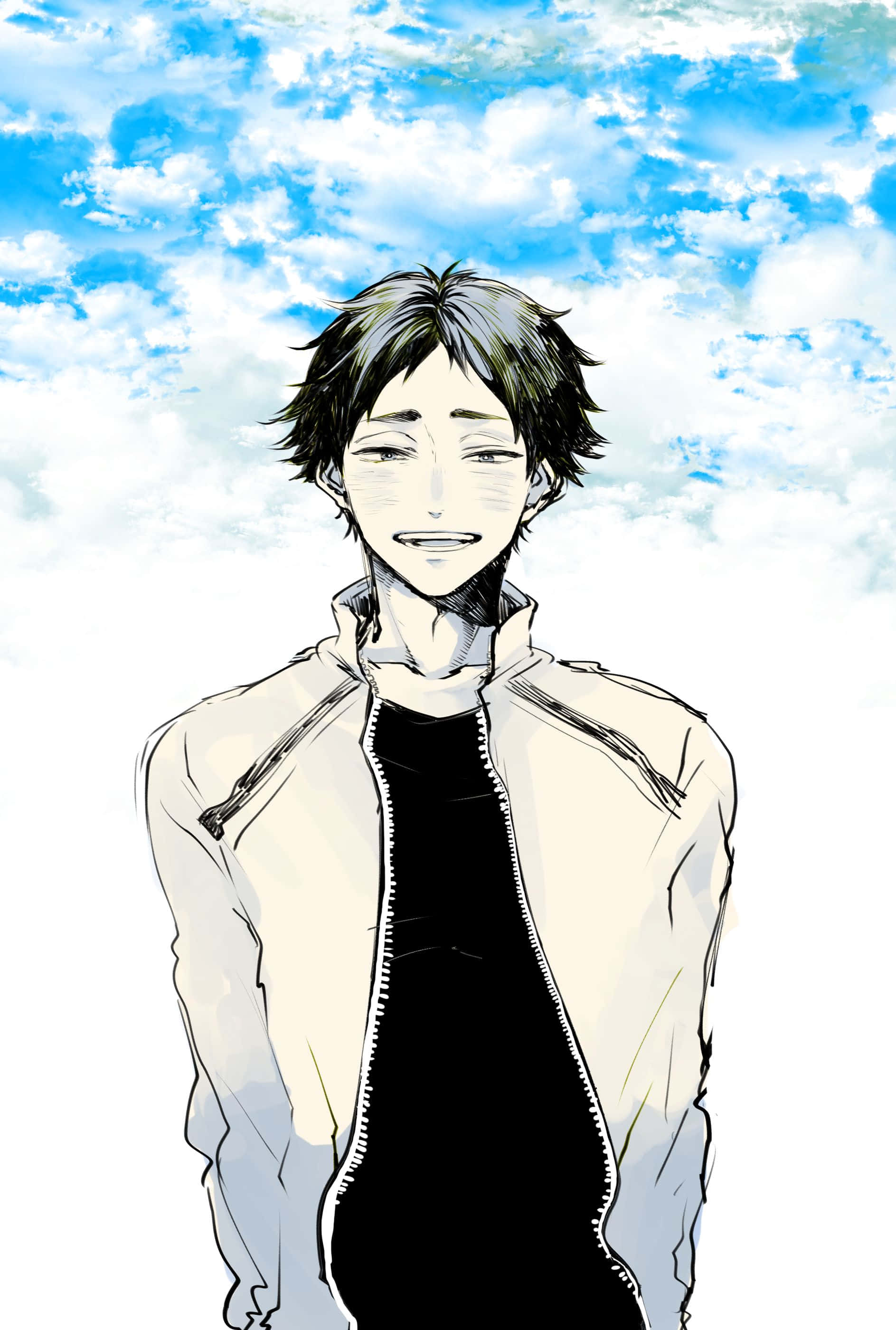 Keiji Akaashi 桌布 壁紙 — 一個年輕的動漫男孩，凌亂的黑髮，在充滿蓬鬆白雲的明亮藍天下溫柔地微笑。