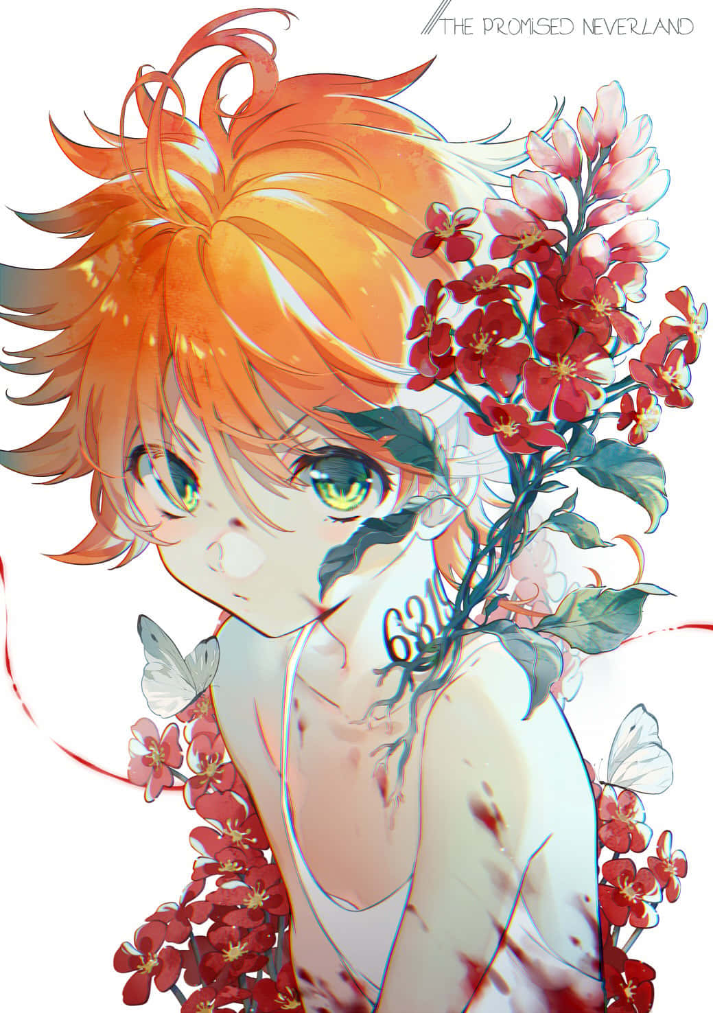 約定的夢幻島 桌布 壁紙 — 一個年輕的動漫男孩，擁有火紅的橙色頭髮和綠色眼睛，被紅花和蝴蝶包圍，背景為白色。