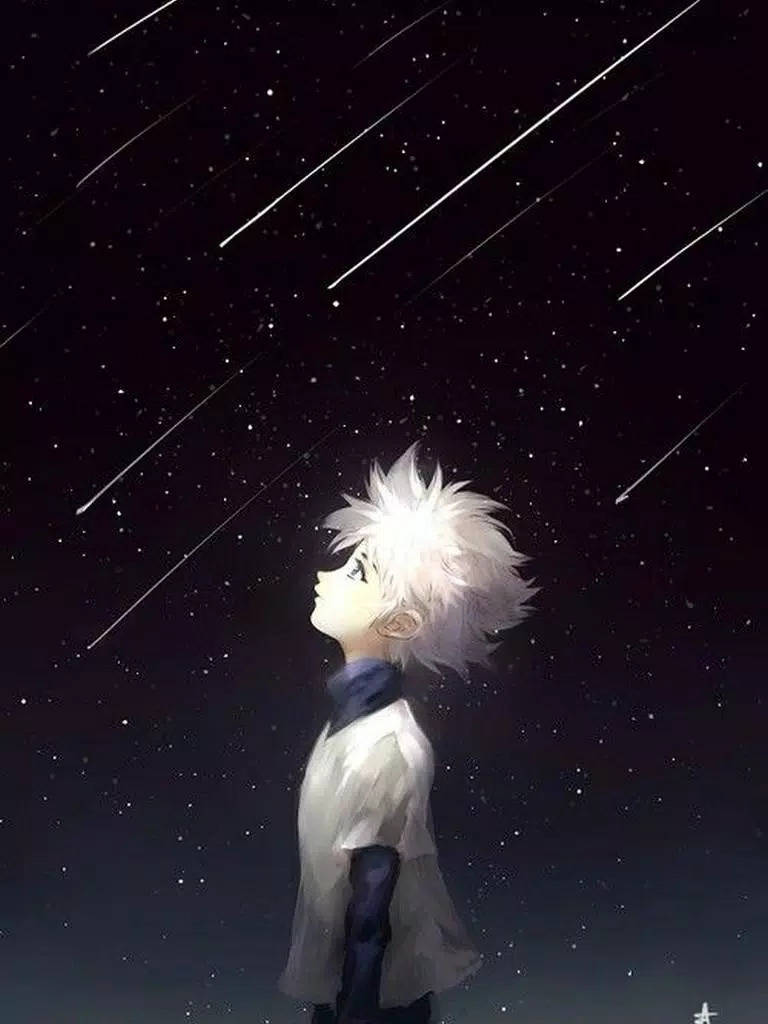 基路亞 桌布 壁紙 — 一個年輕的動漫男孩，有著尖刺的白髮，仰望佈滿流星劃過的星空夜空。