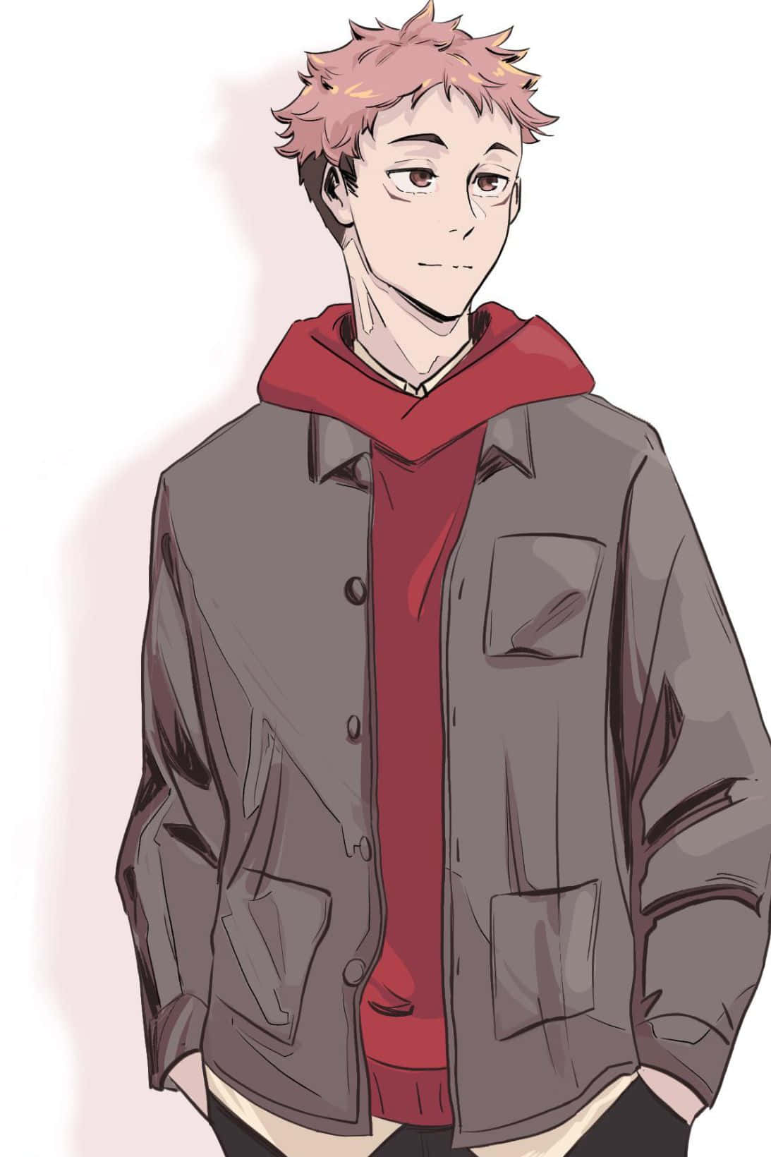 iwaizumi hajime 桌布 壁紙 — 一個年輕的動漫男孩，有著尖尖的粉紅色頭髮，在柔和的白色背景前，穿著灰色外套下的紅色連帽衫。