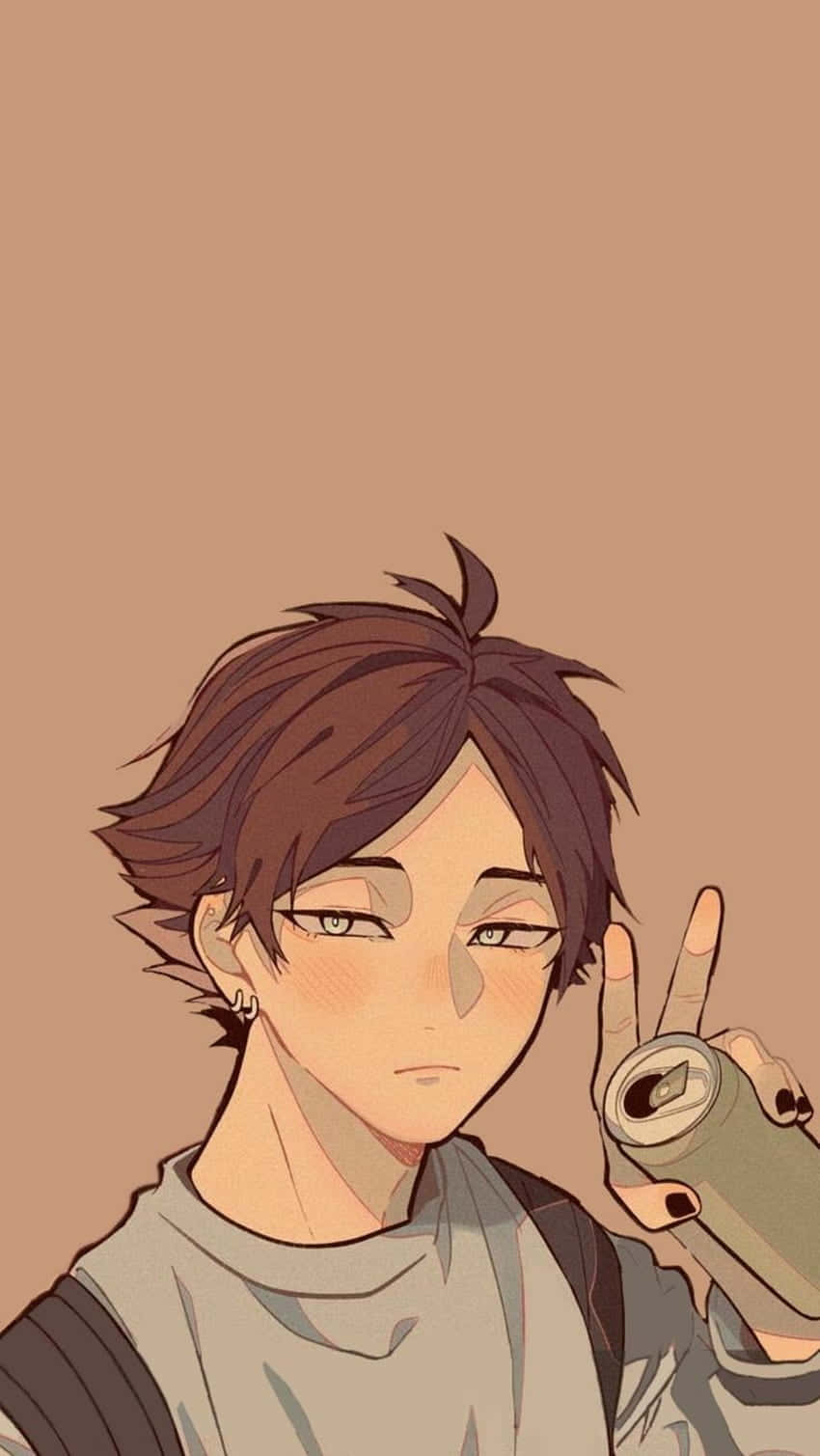 Haikyuu Fan Art 桌布 壁紙 — 一個年輕的動漫男孩，棕色頭髮，比出和平手勢，拿著一罐汽水，背景是純米色。