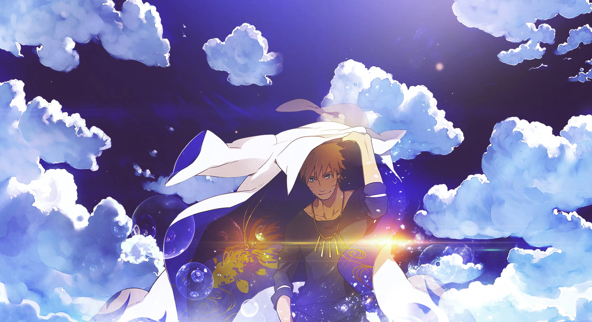 Cloudy Sky 桌布 壁紙 — 一個年輕的動漫男孩，橙色頭髮，站在旋轉的藍色雲朵中，背景是星光閃爍的紫色天空，胸口散發出光芒。