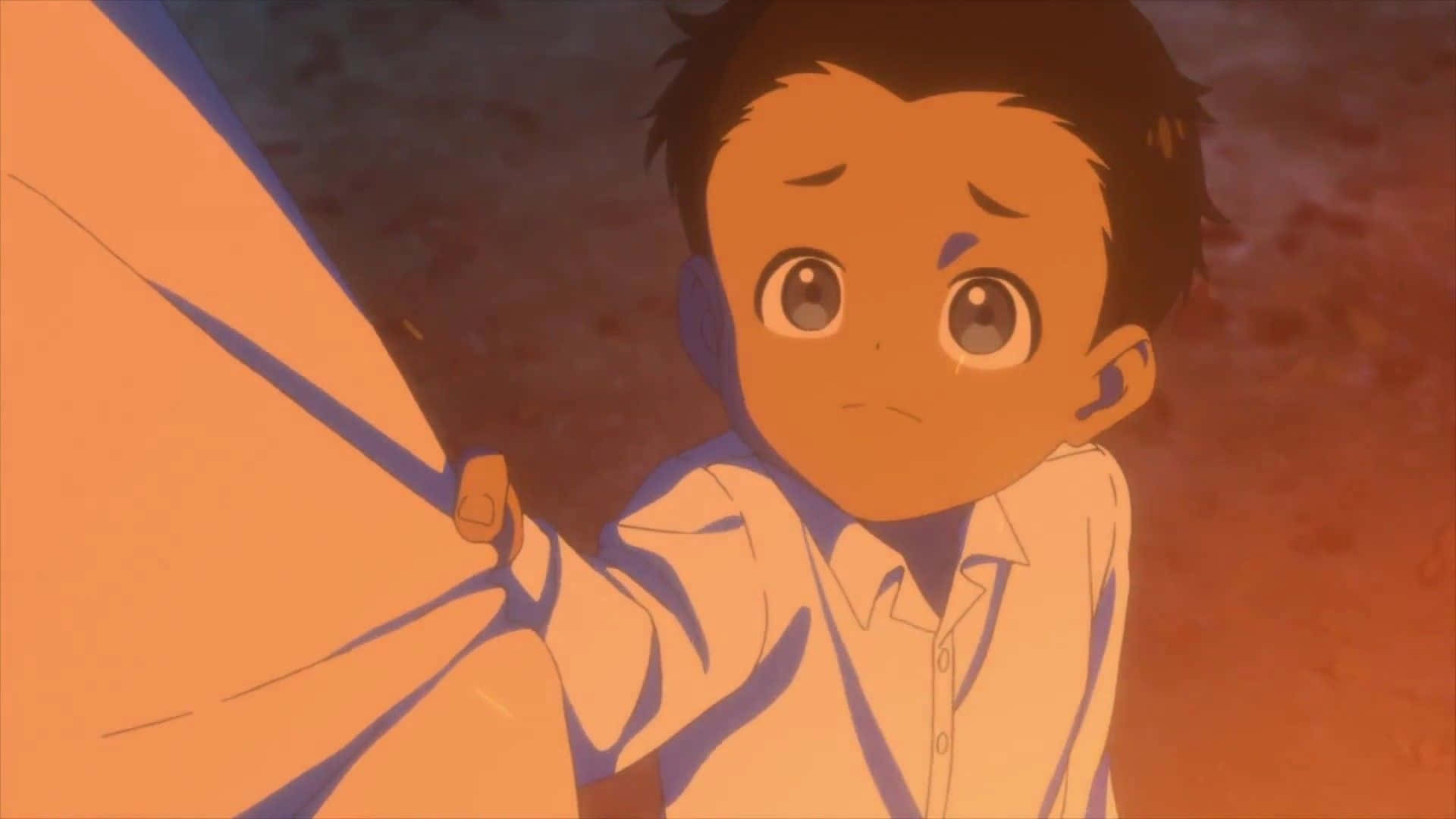 The Promised Neverland Phil 桌布 壁紙 — 一個年輕的動漫男孩，睜大眼睛，流著淚，在溫暖的橙色背景前拿著一塊布。