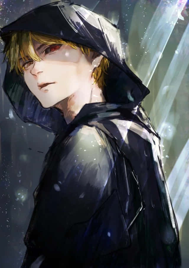 Hideyoshi Nagachika 桌布 壁紙 — 一個年輕的動漫男孩，金髮紅眼，穿著黑色連帽雨衣，雨滴劃過，營造出憂鬱而富有氛圍的場景。
