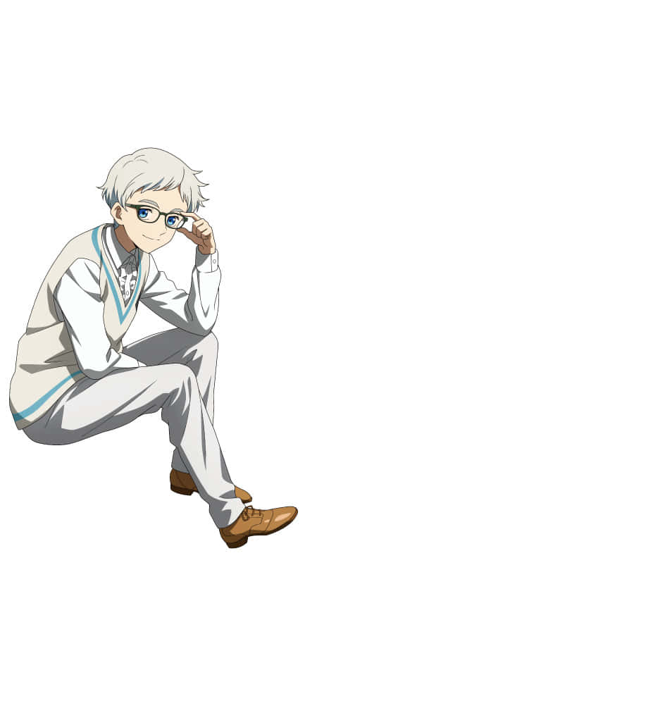 The Promised Neverland Norman 桌布 壁紙 — 一個年輕的動漫男孩，銀色頭髮戴眼鏡，盤腿坐著，在純白背景前調整眼鏡。
