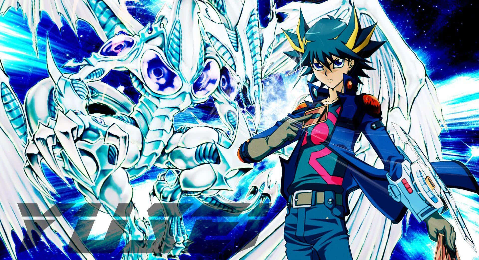 Yusei Fudo 桌布 壁紙 — 一個年輕的動漫男孩，頭髮尖刺，在宇宙藍色背景前，手持決鬥盤，旁邊有一條巨大的發光白龍。