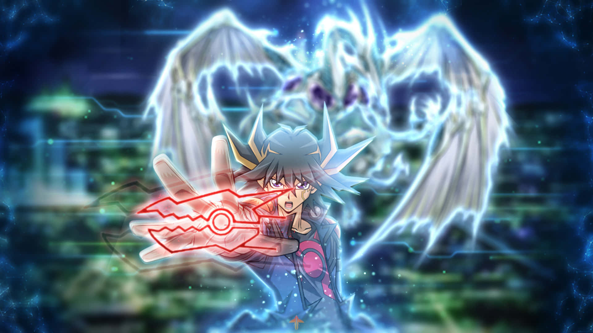 Yusei Fudo 桌布 壁紙 — 一個年輕的動漫男孩，頭髮尖刺，從手中引導發光的紅色能量，背後一隻雄偉的白色有翼龍在宇宙城市景觀中出現。