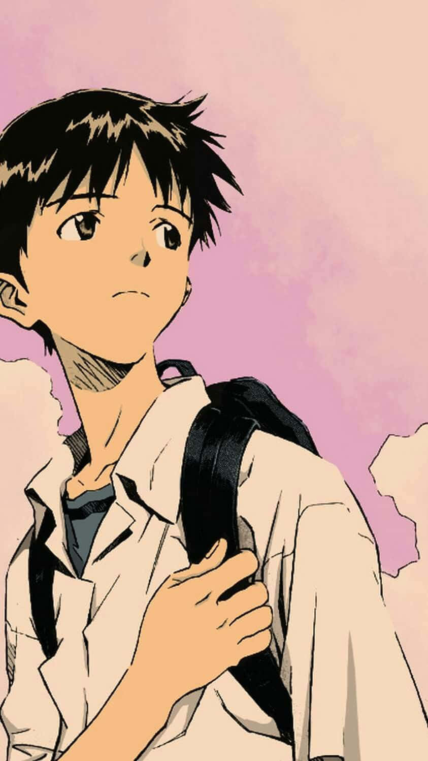 Shinji Ikari 桌布 壁紙 — 一個年輕的動漫男孩，黑色亂髮，背著背包，仰望柔和的粉紅色天空。