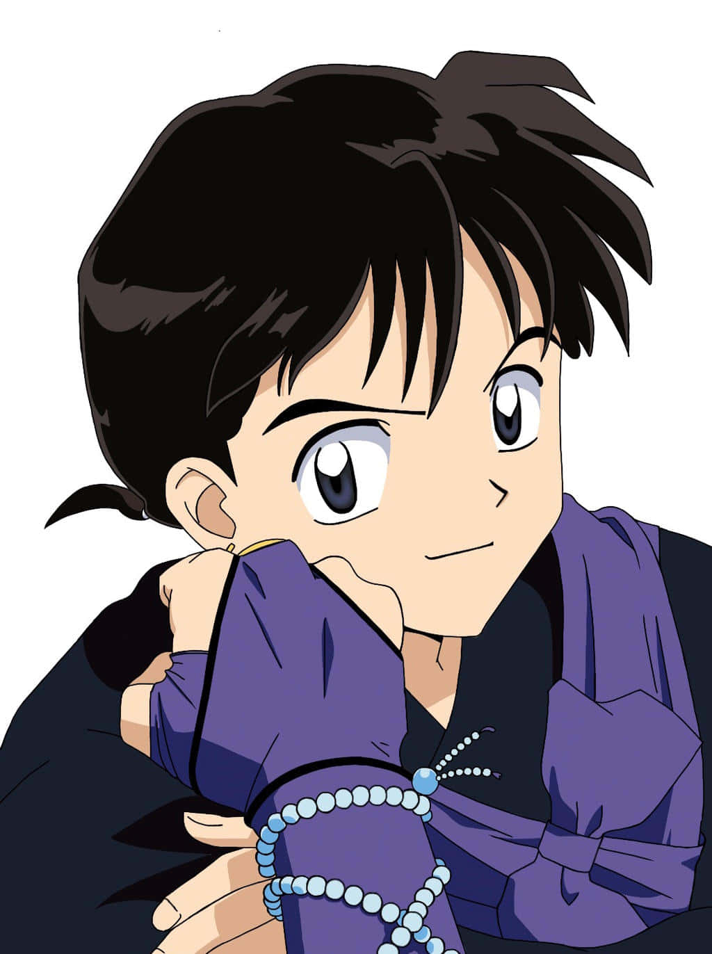 Miroku 桌布 壁紙 — 一個年輕的動漫男孩，黑髮藍眼，托著下巴，穿著紫色服裝，戴著珠串手鐲。