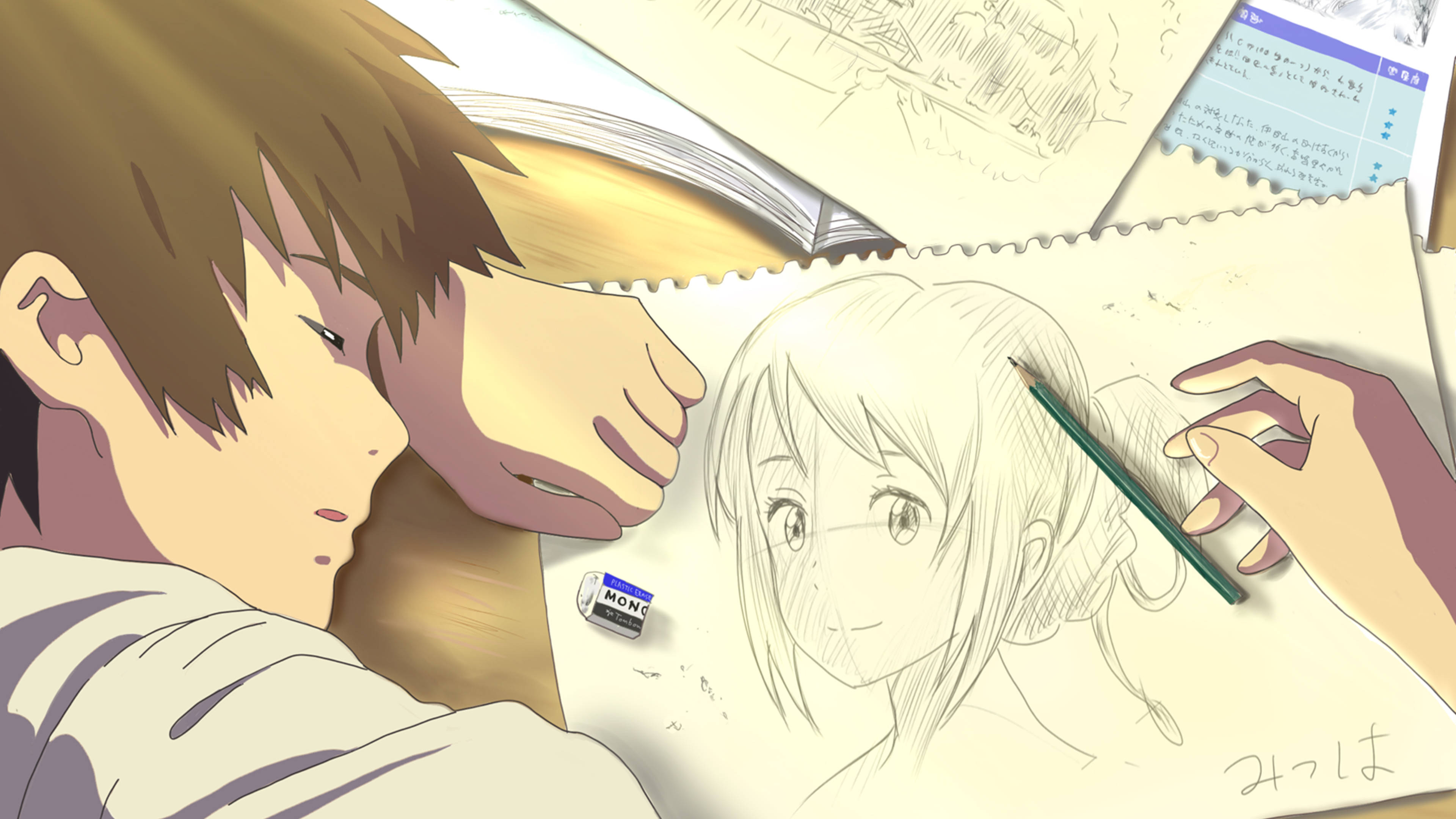 Makoto Shinkai 桌布 壁紙 — 一個年輕的動漫男孩俯身在桌子上，用鉛筆素描一個女孩的肖像，周圍是美術用品。