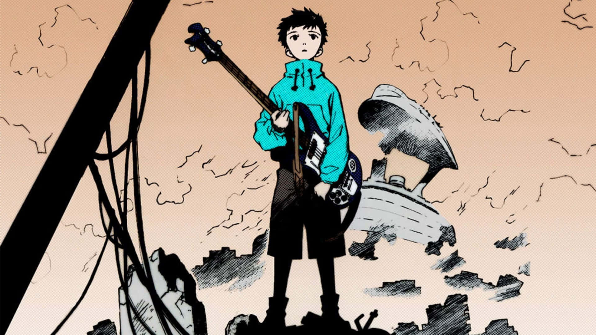 Naota Nandaba 桌布 壁紙 — 一個年輕的動漫男孩穿著青綠色外套，在朦朧的天空下，站在瓦礫和破損建築物中，手持低音結他。