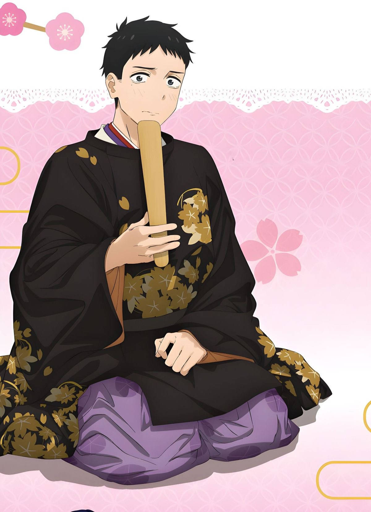 《My Dress Up Darling》Wakana Gojo 壁紙 — 一個年輕的動漫男孩穿著黑色金葉圖案的和服，盤腿坐著，手持木槳，背景是粉紅色的櫻花。