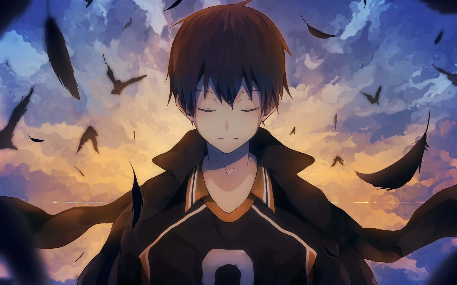 Haikyuu Fan Art 桌布 壁紙 — 一個年輕的動漫男孩閉著眼睛，在暮色天空下，黑色羽毛在他周圍旋轉，他平靜地站著。