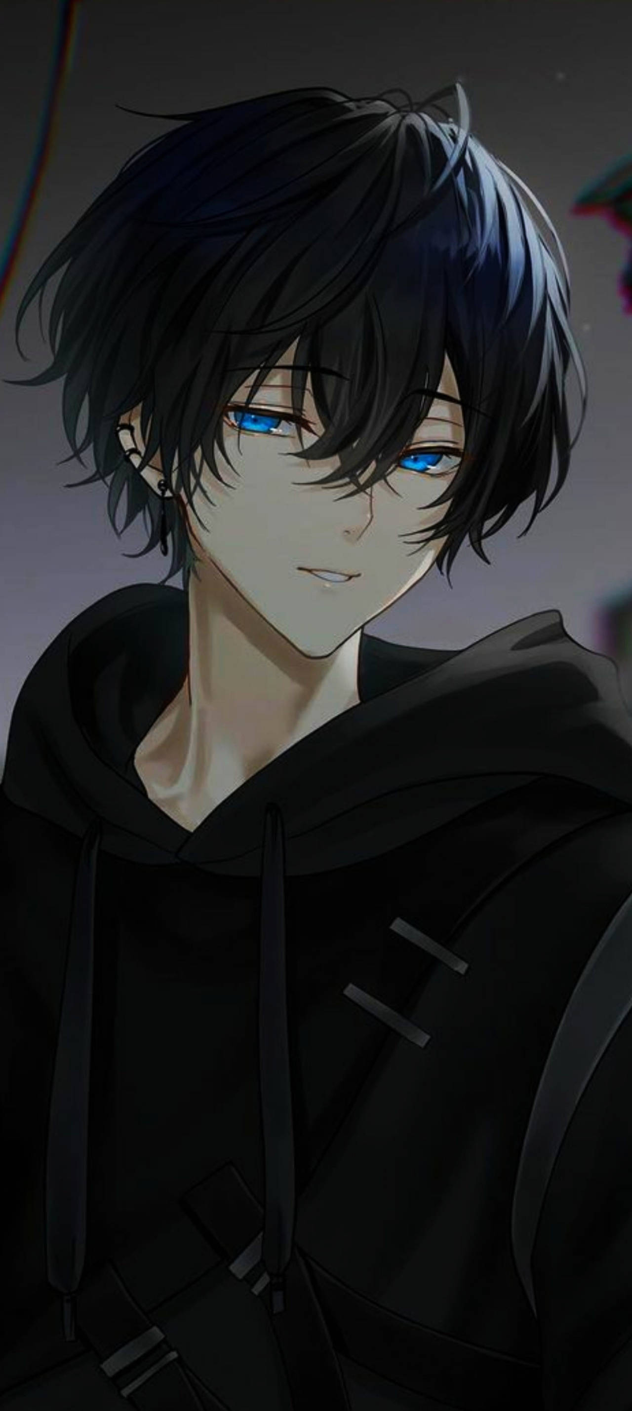Cute Anime Boy 桌布 壁紙 — 一個年輕的動漫男性，黑髮，引人注目的藍眼睛，穿著黑色連帽衫，背景昏暗。